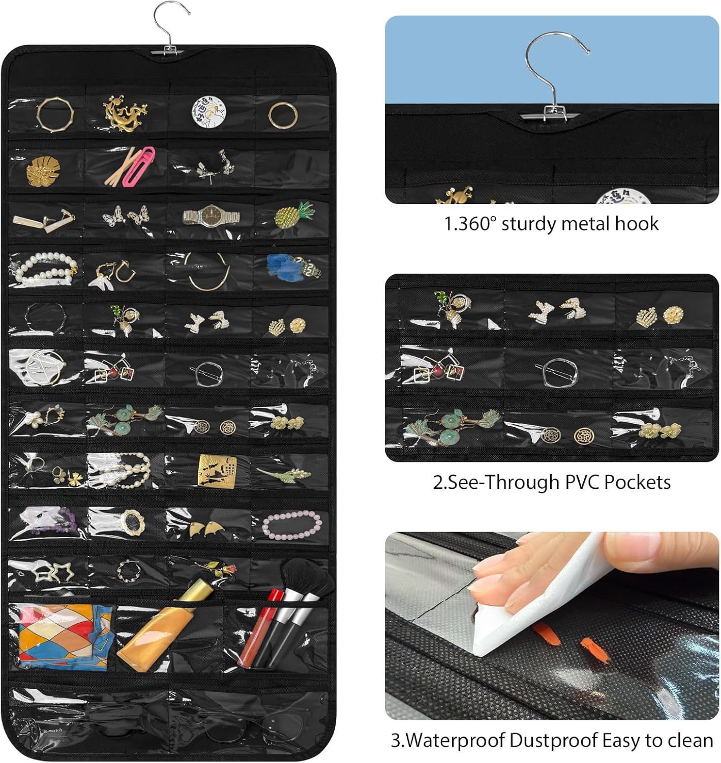 Bloss Hanging Jewelry Organizer With 90 Pockets,Earring Holder Organizer Storage For Valentine's Day Gift,Double-Sided Jewelry Holder for Earrings, Necklaces, Rings on Closet,Wall,Door(Black)
