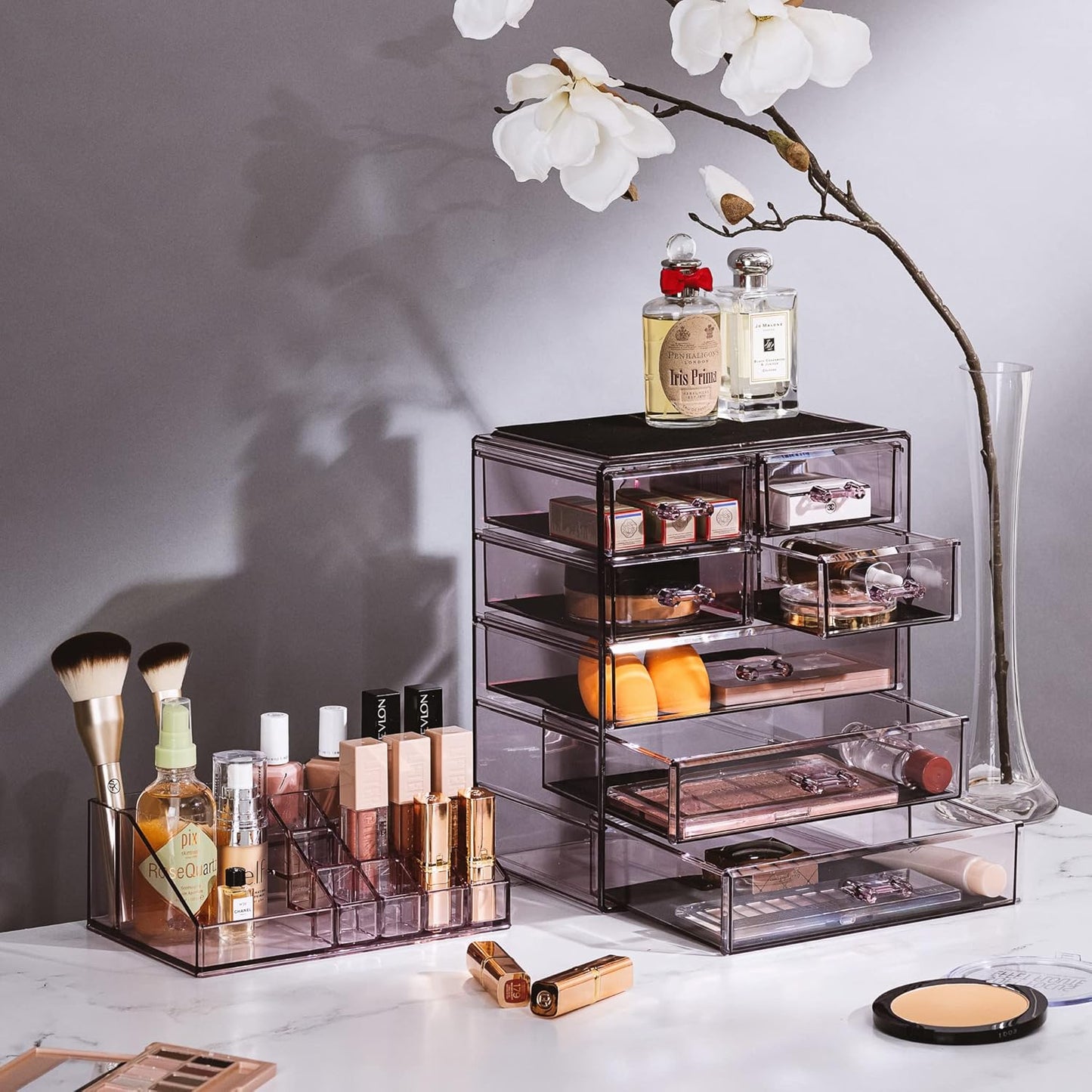 Sorbus Clear Cosmetic Makeup Organizer - Make Up & Jewelry Storage, Case & Display - Spacious Design - Great Holder for Dresser, Bathroom, Vanity & Countertop (3 Large, 4 Small Drawers) [Purple]
