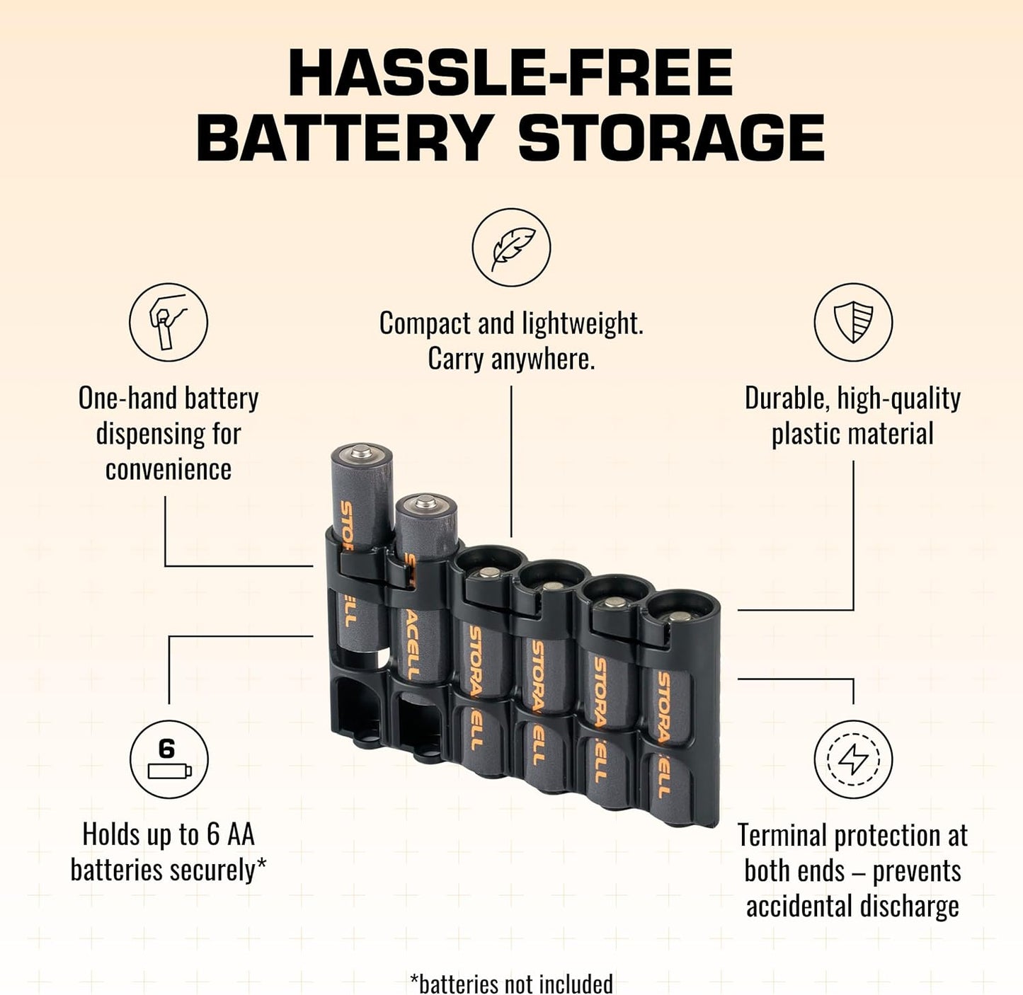 Storacell Slimline AA-6 Battery Storage Caddy and Dispenser (Pack of 2), Black, Holds 6 AA Batteries (Not Included), Durable & Compact Design, The Original Battery Caddy, Made in The USA