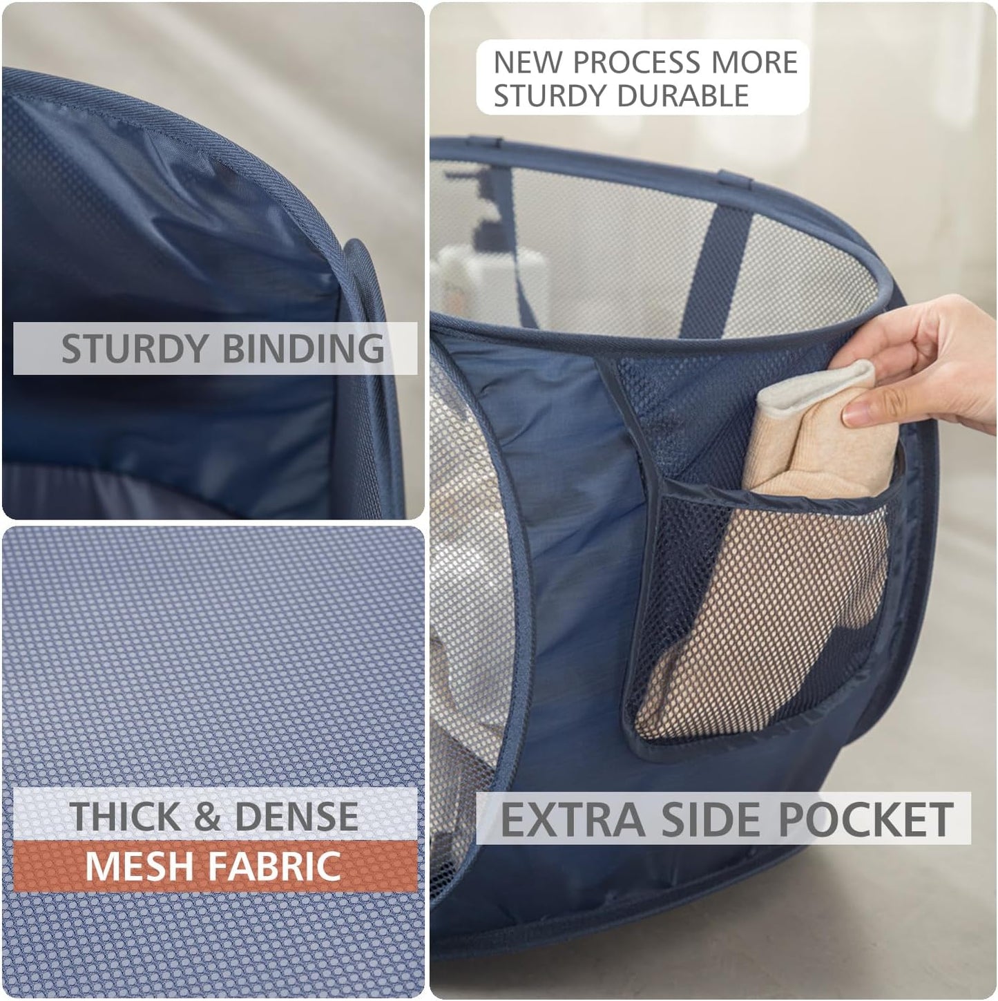 HONOMA Sturdy Mesh Laundry Hamper Basket Bag,Pop up Basket with Side Pocket for Laundry Room, Bathroom, Kids Room, College Dorm or Travel (Pop Horizontal, Beige)