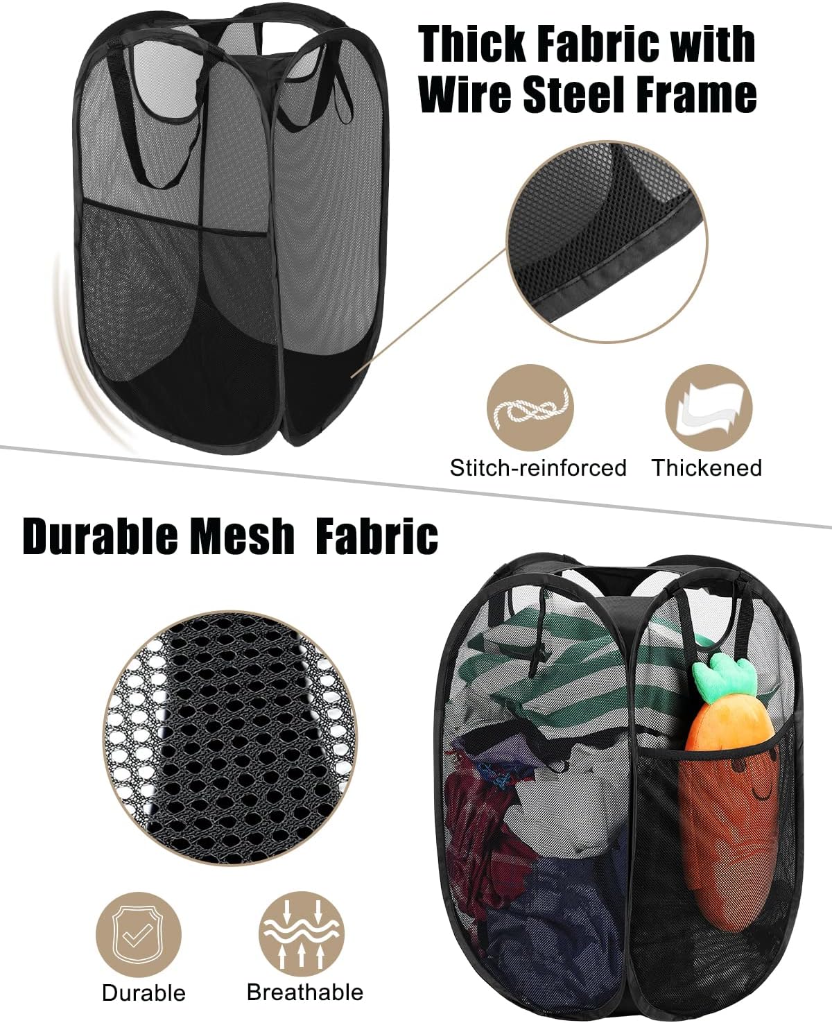 2 Pcs Strong Mesh Pop-up Laundry Hamper, Quality Pop Up Hampers for Laundry with Durable Handles Solid Bottom High Carbon Steel Frame, Easy to Open and Fold Flat for Storage(Black)