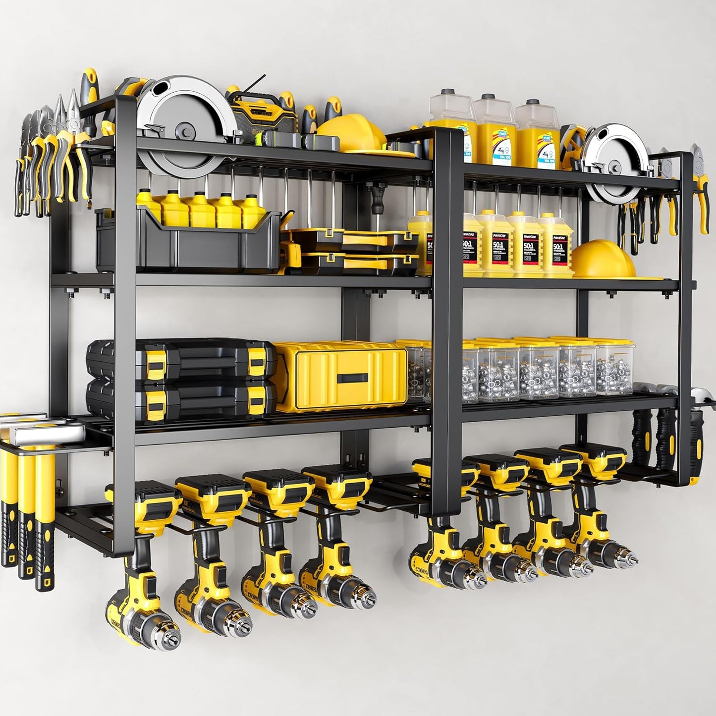 Power Tool Organizer Wall Mount - Storage Rack with 4 Drill Holders for Drills Cordless Tools. Heavy Duty Iron Garage Tool Organizer Storage for Workshop Shed (4 Slots 4 Layers 2 Pack)