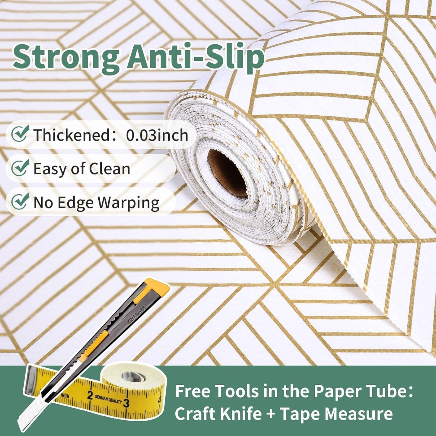 Shelf Liners for Kitchen Cabinets 23.6in x 40FT, Non Adhesive Cabinet Liner Strong Non-Slip Thickened Gold Geometric Drawer Liner, Easy to Clean for Shelf, Cabinet with Knife and Tape Measure