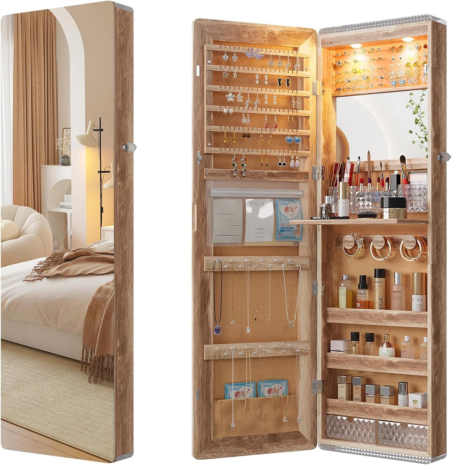 HNEBC LED Mirror Jewelry Cabinet,47.2" Wall Mounted Jewelry Organizer with Full-Length Mirror,Over The Door Hanging Jewelry Armoire Storage Cabinet,Folding Dresser,2 Drawers,Lockable, 3 Shelves(Wood)