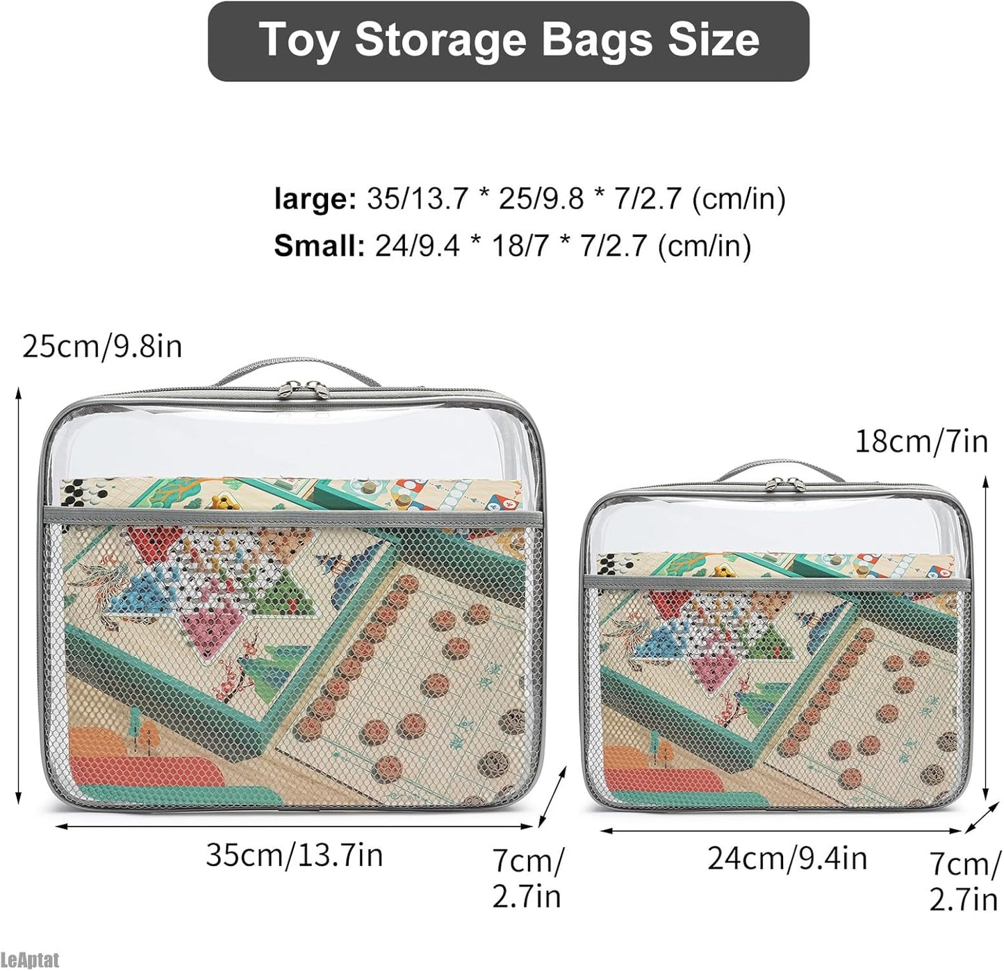 4 Pack Clear PVC Waterproof Toy Storage Bags with Name Tag Pockets - Zippered Organizer for 2x4 Building Blocks, Puzzles, Travel Toiletries, Kids Room Organization (Gray, Small)