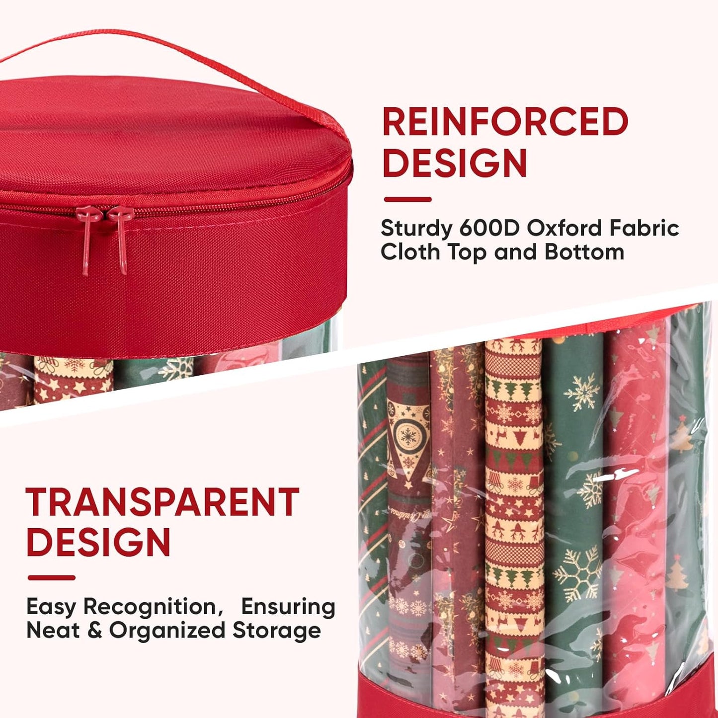 BALEINE Christmas Wrapping Paper Organizer Storage, 41" Gift Wrapping Paper Storage Containers, Clear PVC with Durable 600D Oxford Fabric Gift Wrap Paper Holder Fits 18-25 Rolls, Black