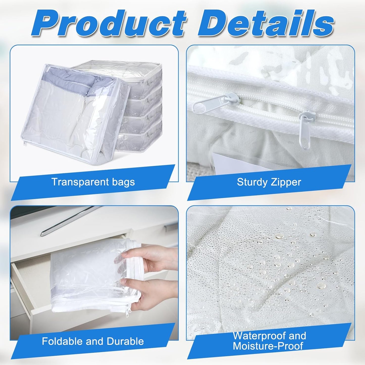 8 Pcs Clear Plastic Storage Bags with Zipper, 15.7 x 13.8 x 3.9 Inch Pvc Sweater Sheet Organizer Waterproof Zippered Clothing Storage Bags for Clothes, Linen, Pillow, Sheets, Blankets