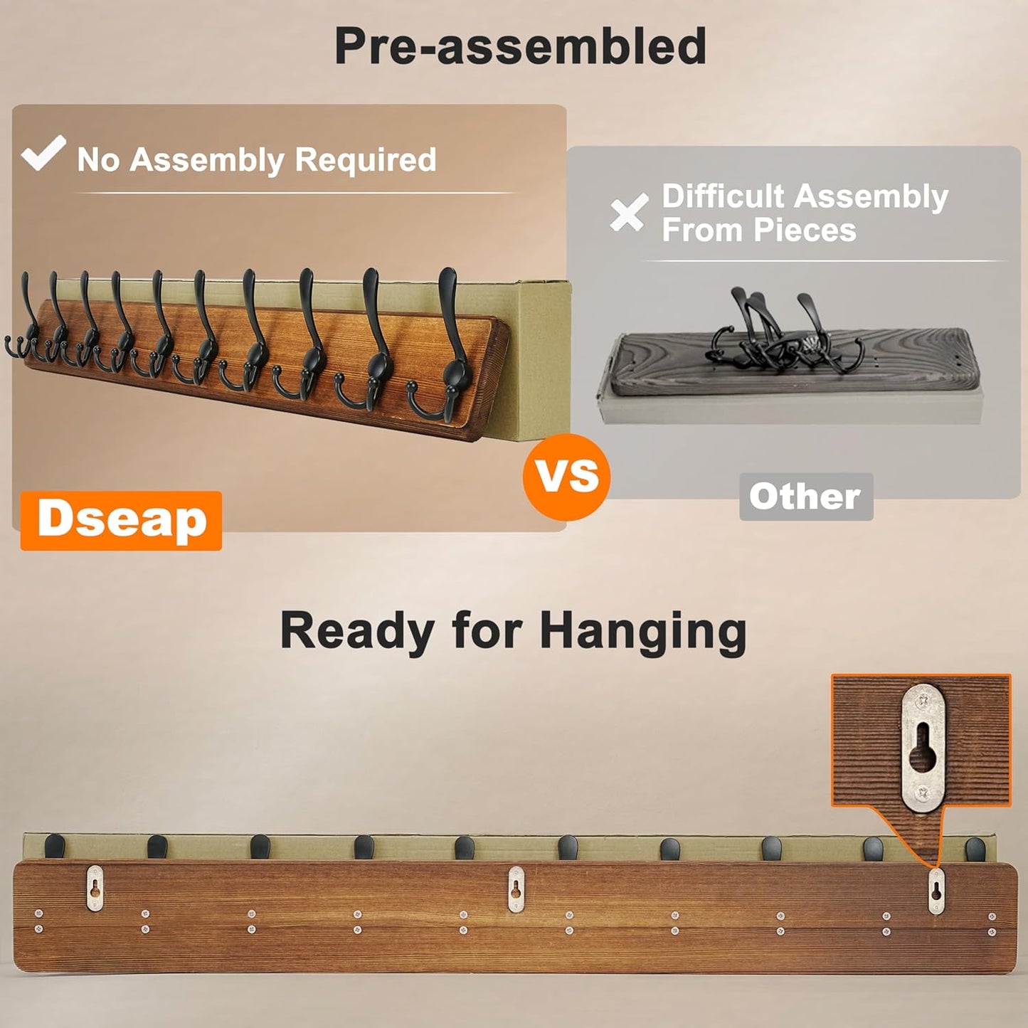 Dseap Coat Rack Wall - Heavy-Duty 38-1/4" Long, with Reinforced 10 Custom Tri-Hooks, Solid Wood Wall Hanger for Coats Hat Jackets - Rustic Farmhouse Entryway Storage, White & Black, Pack of 2