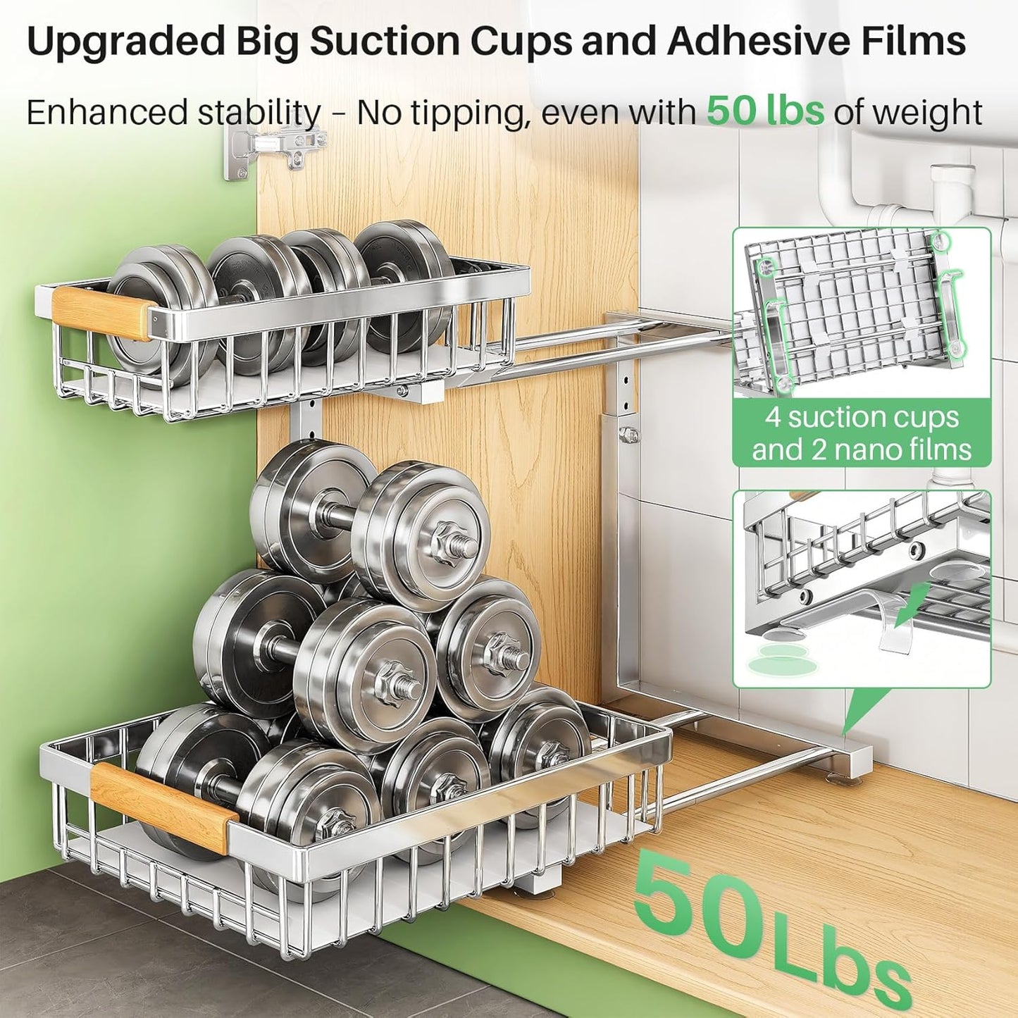 Under Sink Organizer, Stainless Steel 1-Pack 2 Tier Under Sink Organizers and Storage, Slide out Pull out Cabinet Shelf, Sliding Drawer for Kitchen Bathroom Pantry Cabinet Closet Organization Rack