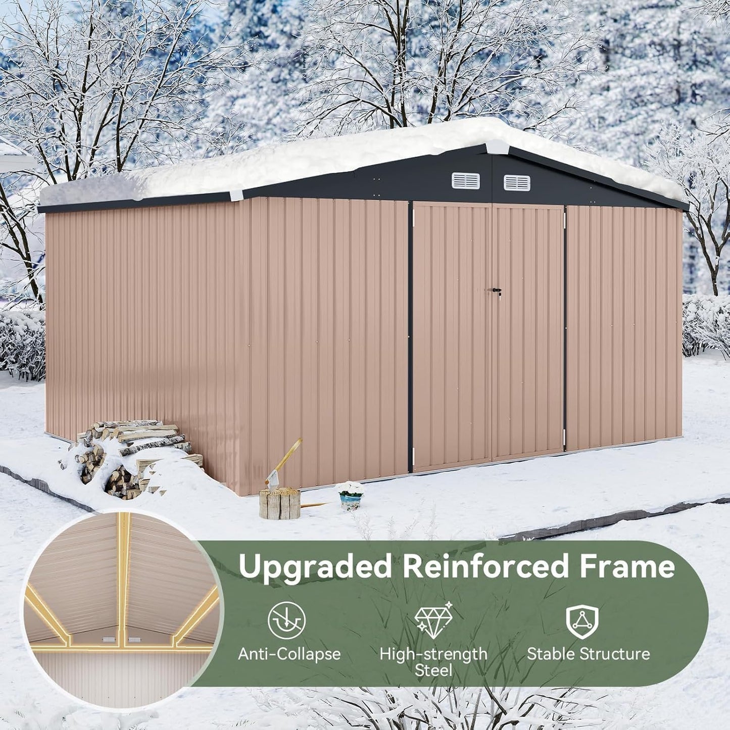 Aoxun 12x10 FT Shed Outdoor Storage Shed with Large Doors & Galvanized Steel, Large Shed Steel Utility Tool Shed Storage House with Door & Lock, for Patio Lawn Garden Sand, Brown