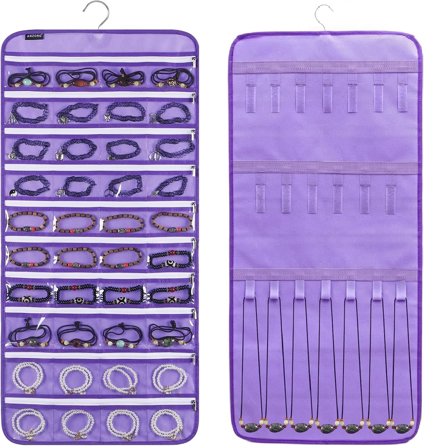 Dualsided Hanging Jewelry Organizer with 40 Zippered Pockets and 20 Hook Loops Necklace Holder Jewelries Organizer for Earrings Bracelets Rings with 360 Degree Rotating Hanger (40 Zippered