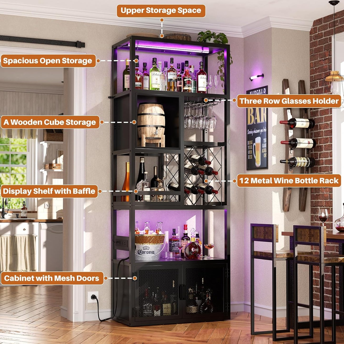 82.6" Tall Bar Cabinet with Power Outlets, 6-Tiers Reversible Wine Cabinet with LED Lights, Glass Holder & Wine Rack, Liquor Storage Cabinet Coffee Bar Unit Station for Dining Living Room, Black