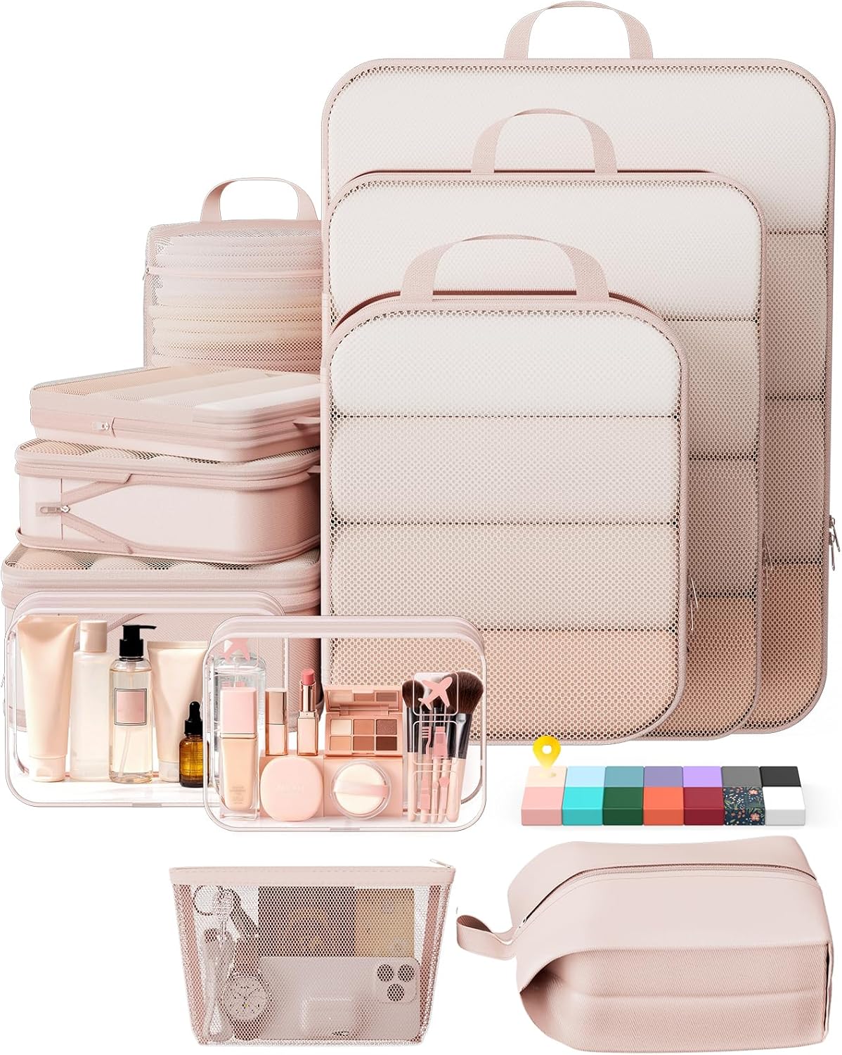 Veken 11 Set Compression Packing Cubes for Travel Essentials,Compressible Expandable Large Luggage Suitcase Organizer Bags for Clothing,Durable Space Saver Storage Bags with Toiletry Bags(Beige)