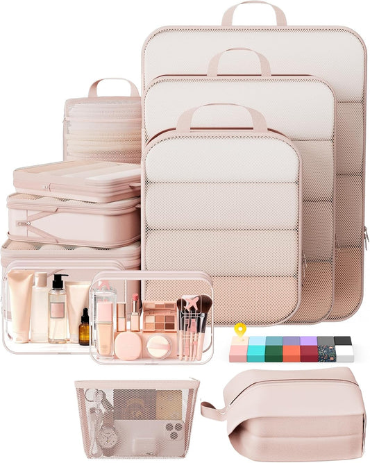 Veken 11 Set Compression Packing Cubes for Travel Essentials,Compressible Expandable Large Luggage Suitcase Organizer Bags for Clothing,Durable Space Saver Storage Bags with Toiletry Bags(Beige)