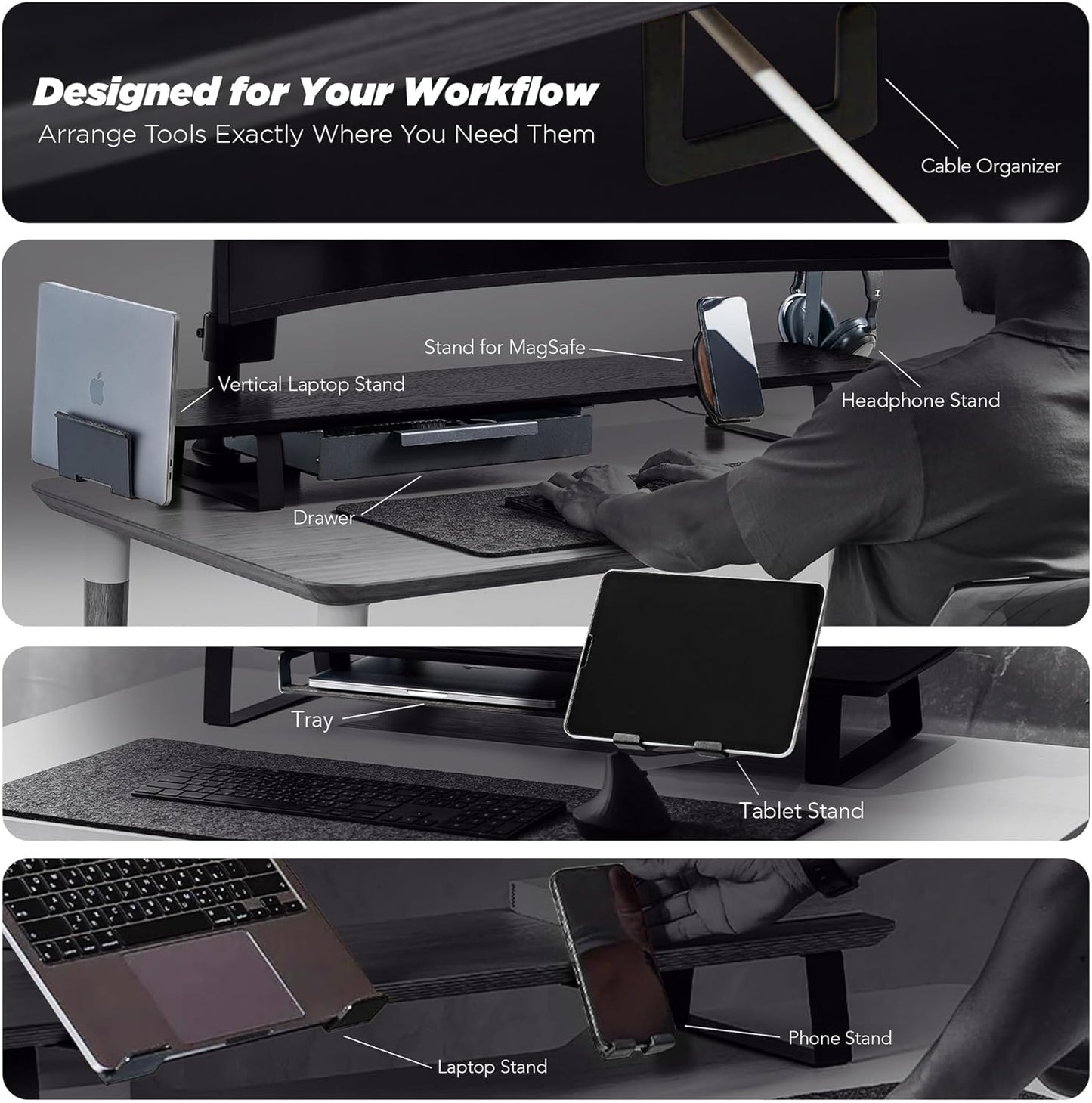 Moodular Wooden Monitor Stand 45.6” (116cm) Large Desk Organizer with Metal Slide Rails for Drawer, Tray, Laptop, Tablet, Phone & Headphones Customizable Riser for Organized Workspace Black