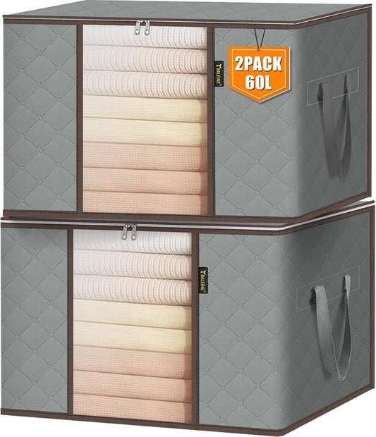 BALEINE 2 Pack Clothes Storage Bags, 16 Gallon Storage Containers with Reinforced Handle, Sturdy Zipper, Closet Organizer for Blanket, Comforter, Pillow, Bedding (Grey, 2 Pack)