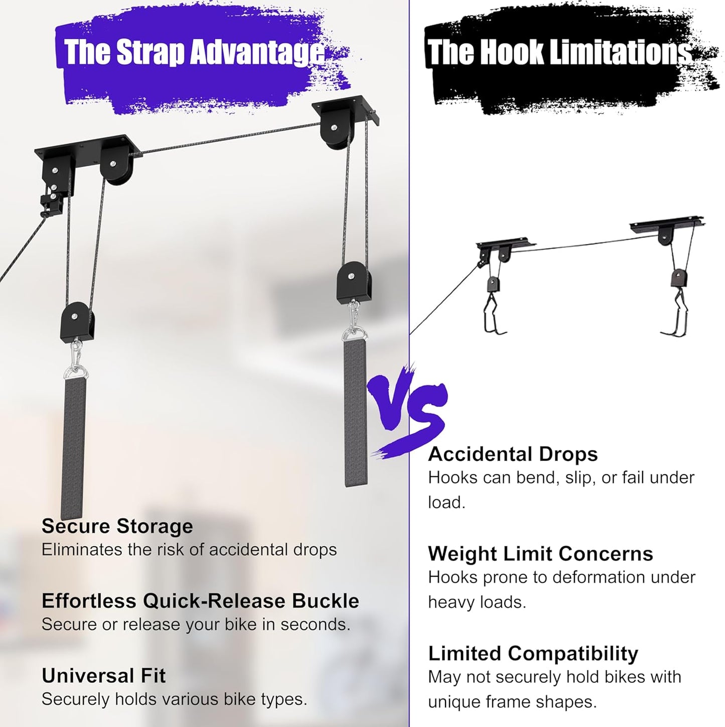 Bike Hoist, Heavy Duty Ebike Lift Pulley System for Garage Ceiling Overhead Storage for Bicycle, Ladders, Snowboard, Holds Up to 85 lbs Capacity, Fit 10-16 Foot High Ceilings