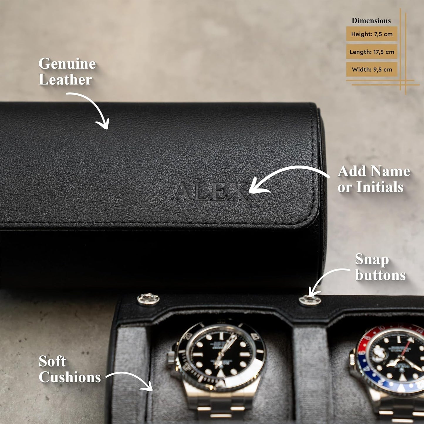 DailyWatch | Personalized Watch Roll Travel Case For 2 Watches - Handmade Genuine Leather Travel Case With Custom Engraving of Name or Initials - Black Grey