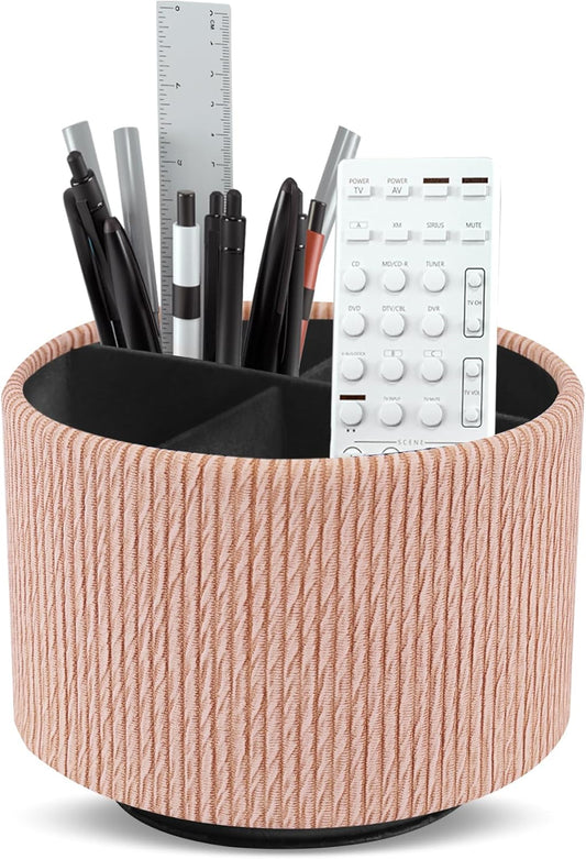 Round Leather Art Supply Organizer,Remote Control Holder,360 Degree Spinning,Multi-Functional Pencil Holder,4 Compartments Desktop Stationary Organizer(1-Wood Apricot)