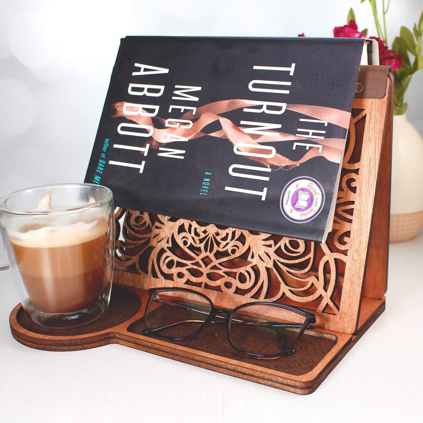 Book Nook Reading Valet Stand with Coffee Cup Mug Glasses Cell Phone Holder, Wood Triangle Book Rest and Page Saver for Bedside Nightstand, Gift Idea for Book Lovers, Handmade Wooden Book Accessories