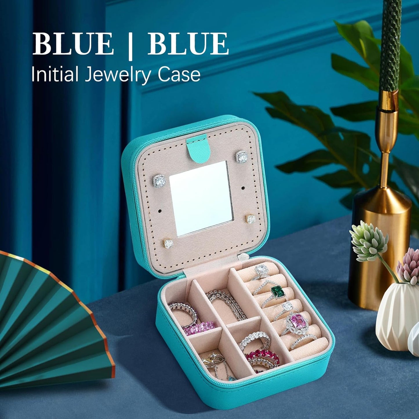 Parima Travel Jewelry Box for Girls Women, Jewelry Organizer Box | Personalized Jewelry Boxes for Women Girls Jewelry Box | Necklace Earrings Ring Box - Letter J, Aqua Blue