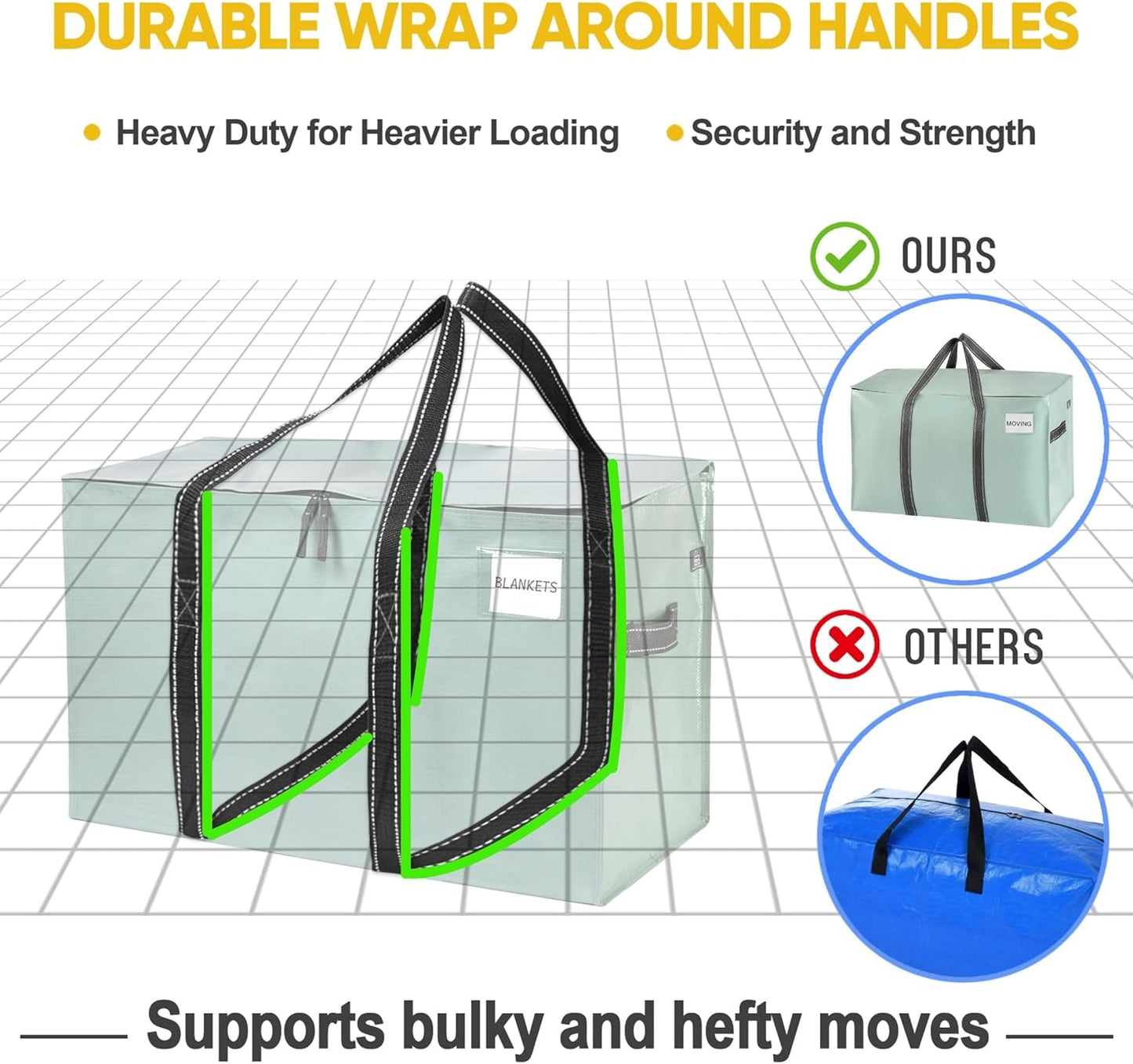 VENO 2 Pack Moving Bags and Large Christmas Storage Bins with lids. Alternative to Moving Boxes, Packing Supplies for College. Extra Large Heavy Duty Totes for Packaging (Shiny Light Green, 2 Pack)