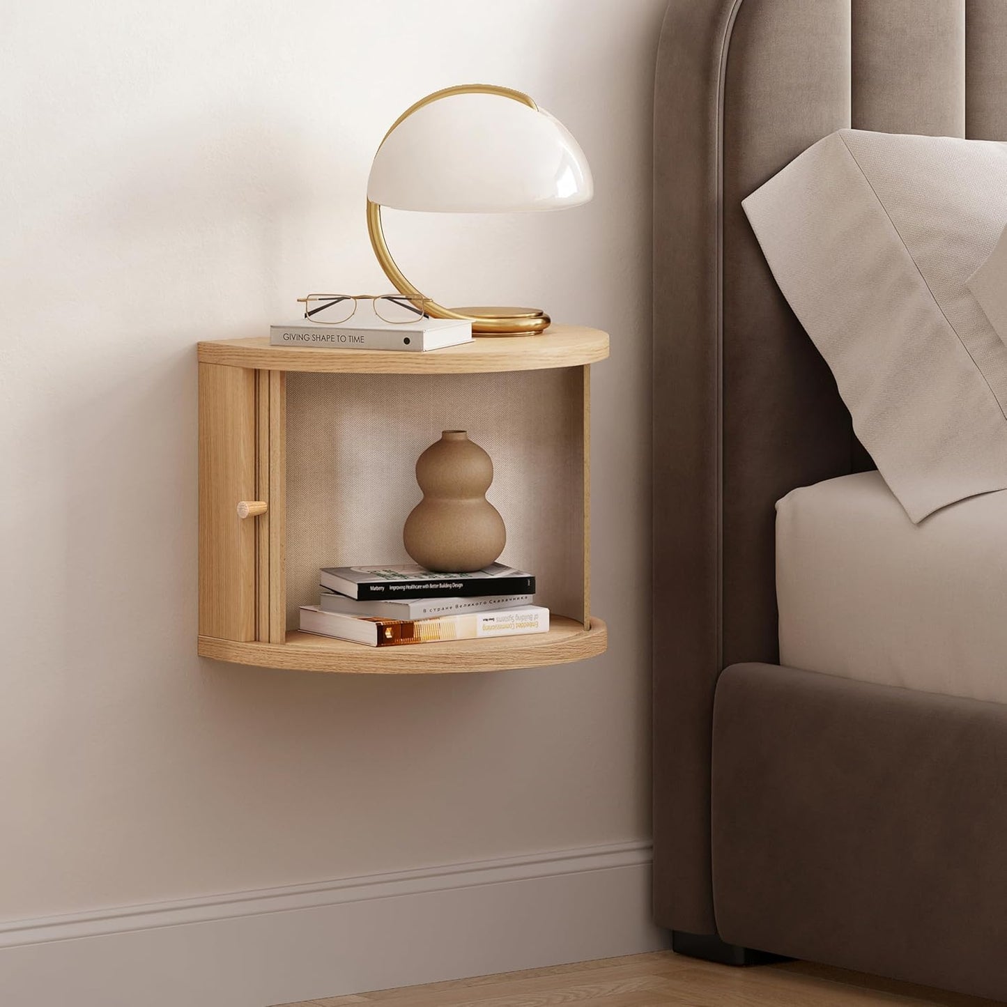 WERMO 16'' Floating Nightstand Shelf with a Sliding Door and Storage - Floating Bedside Shelf Wall Mount, Wall Mounted Wood Nightstand, Mid Century Modern Side Table (Oak)