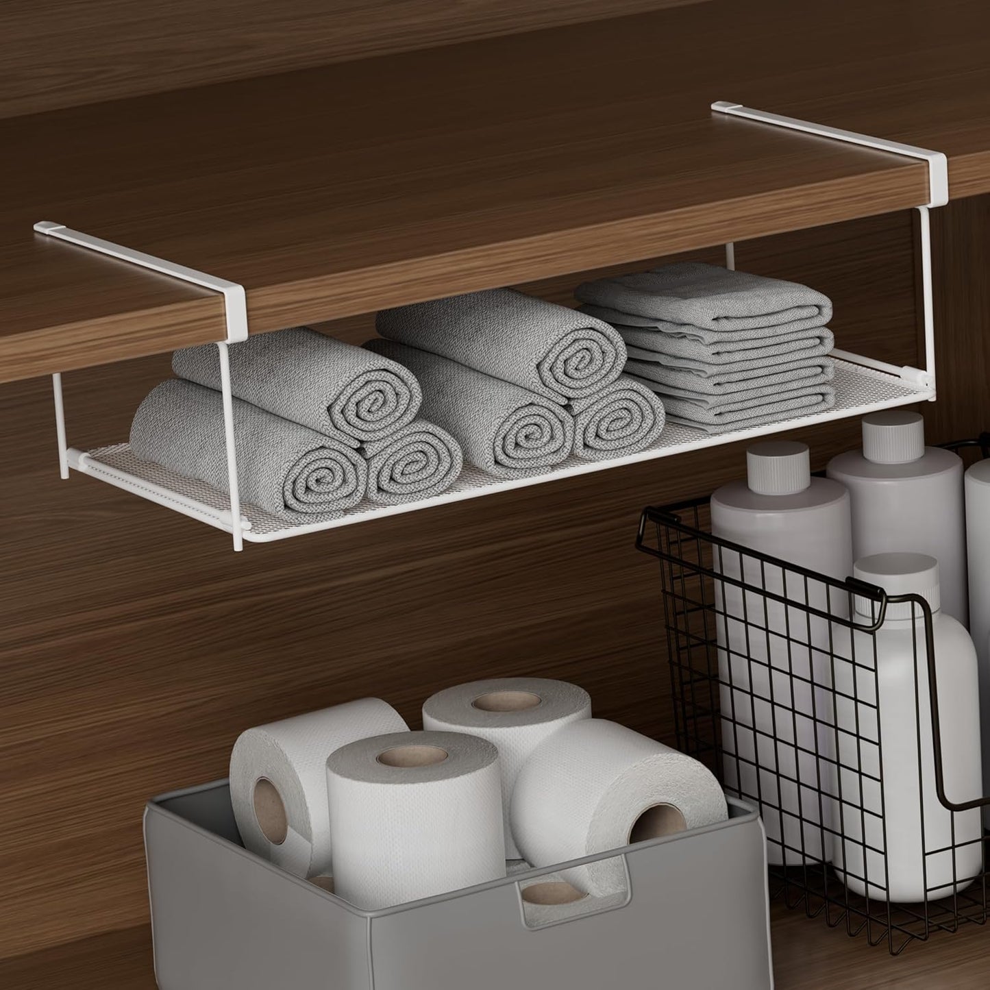 Foldable Metal Under Cabinet Organizer,Multi-Functional Hanging Storage Rack for Aluminum Foil,Plastic Wrap,Kitchen Wipes,Space-Saving,Tool-Free Install,Rust-Resistant,Ideal for Kitchen (Black)