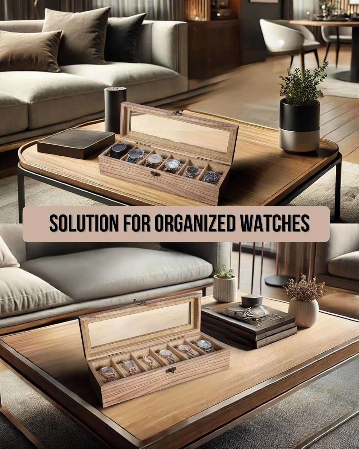 Watch Box, Watch Case for Men Women with Large Glass Lid, Wooden Watch Display Storage Box with 6 - Slots, Weathered Wood Mens Watch Box Organizer