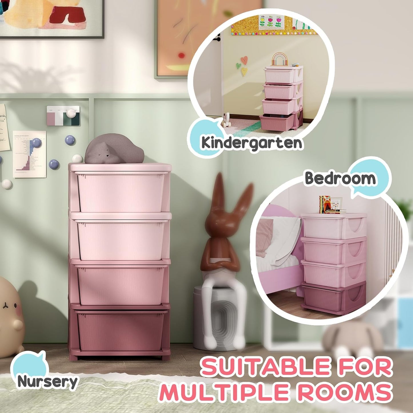 Qaba 4 Tier Kids Storage Unit, 4 Drawer Chest Toy Organizer Plastic Bins for Kids Bedroom Nursery Kindergarten Living Room for Boys Girls Toddlers, Pink