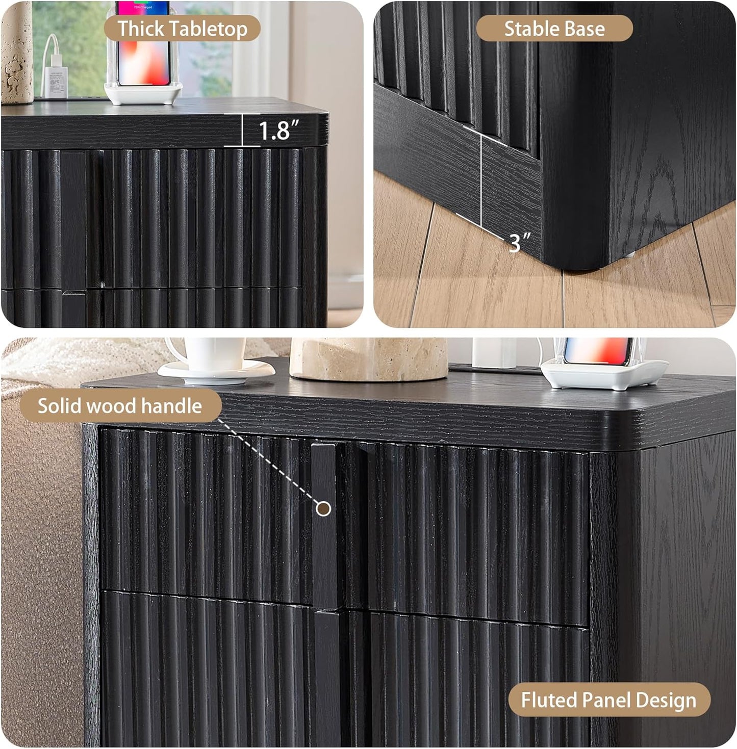 Black 23.6" Nightstand with Charging Station, Side Table with 3 Storage Drawers, Mid Century Modern Night Stand with Solid Wood Handle, Bedside End Table for Bedroom, Living Room, Closet