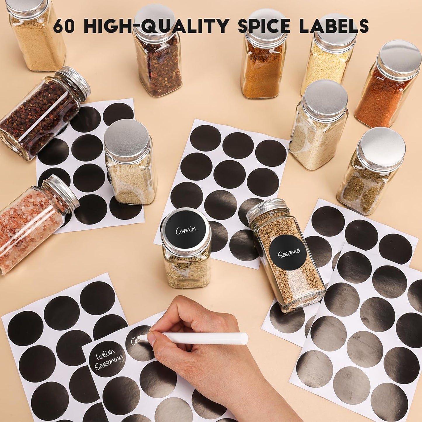 6Pcs Spice Jars with Label, 4oz Empty Square Seasoning Containers, Spice Jars with Shaker Lids, Small Spice Bottles for Salt, Herbs, Sugar, Pepper, Seasoning Jars for Spice Rack, Cabinet, or Drawer