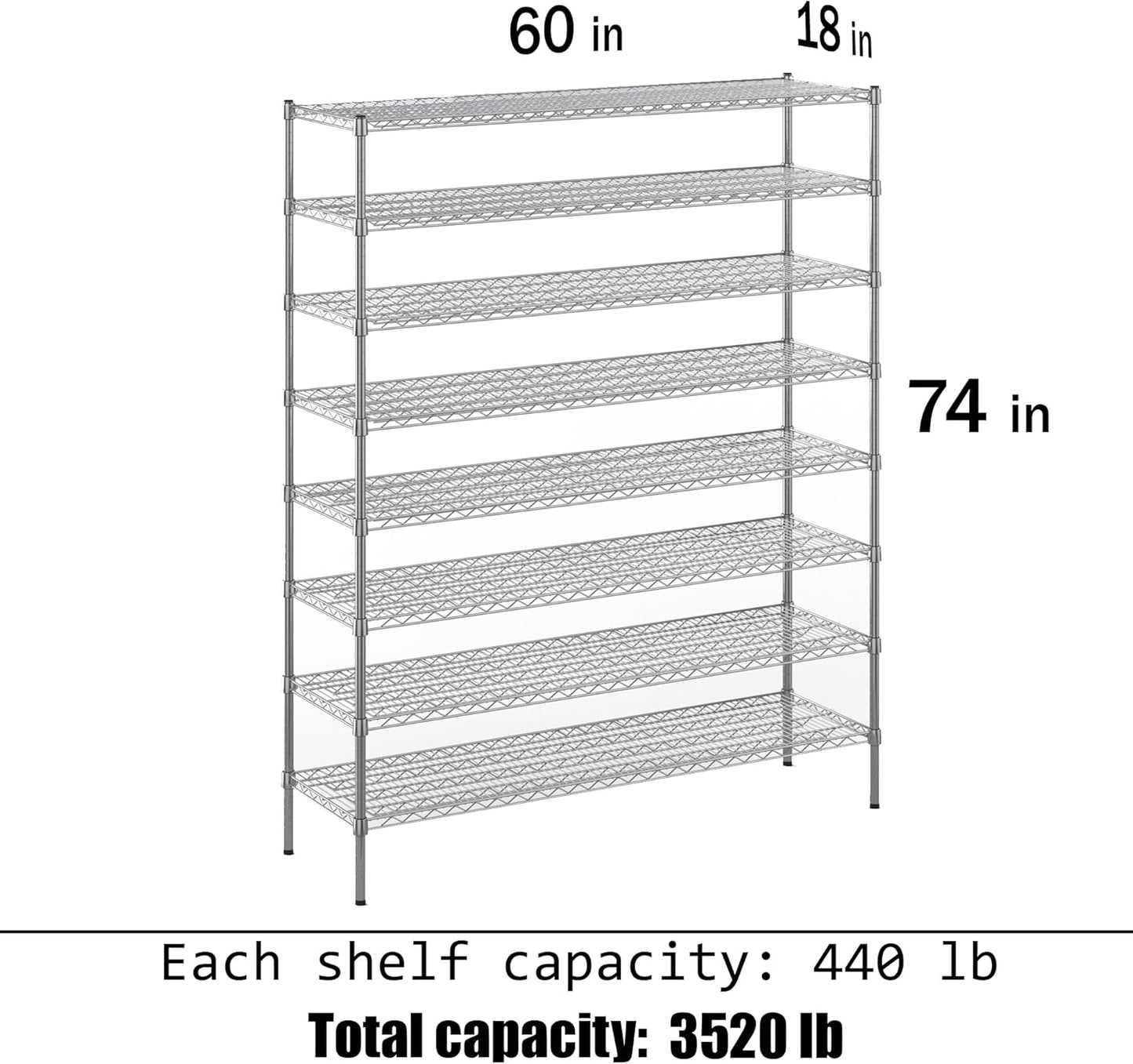 18" Deep x 60" Wide x 74" Height Wire Shelving Kit | 8-Tier | NSF Commercial Storage Rack Unit