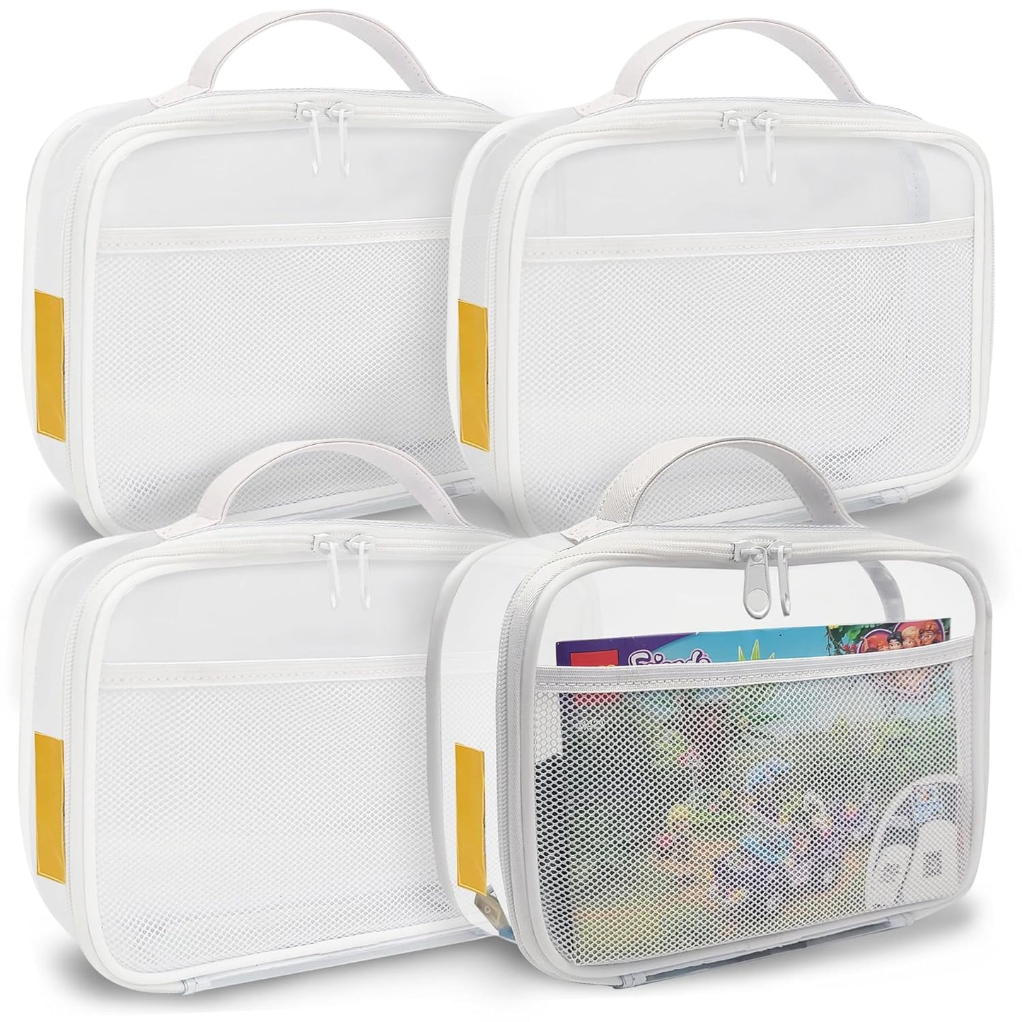 holay 4 Packs PVC Zippered Blocks Set, Toy, Clay, Board game Storage Organizer Case (Name Tag, Manual Pocket) (White, Small)