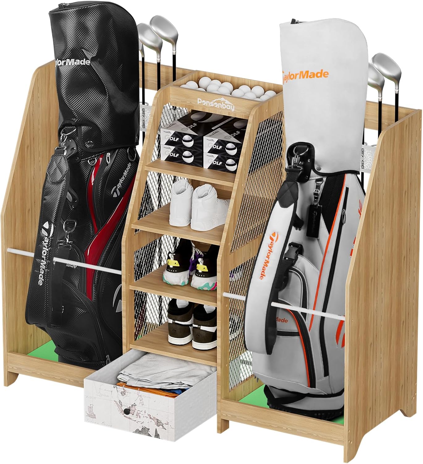 Golf Bag Storage Organizer for Garage, Premium Wooden 2 Golf Bags Rack with Drawer, Easy Assemble Golf Club Stand/Holder Suitable for Garage Home Simulator and Office