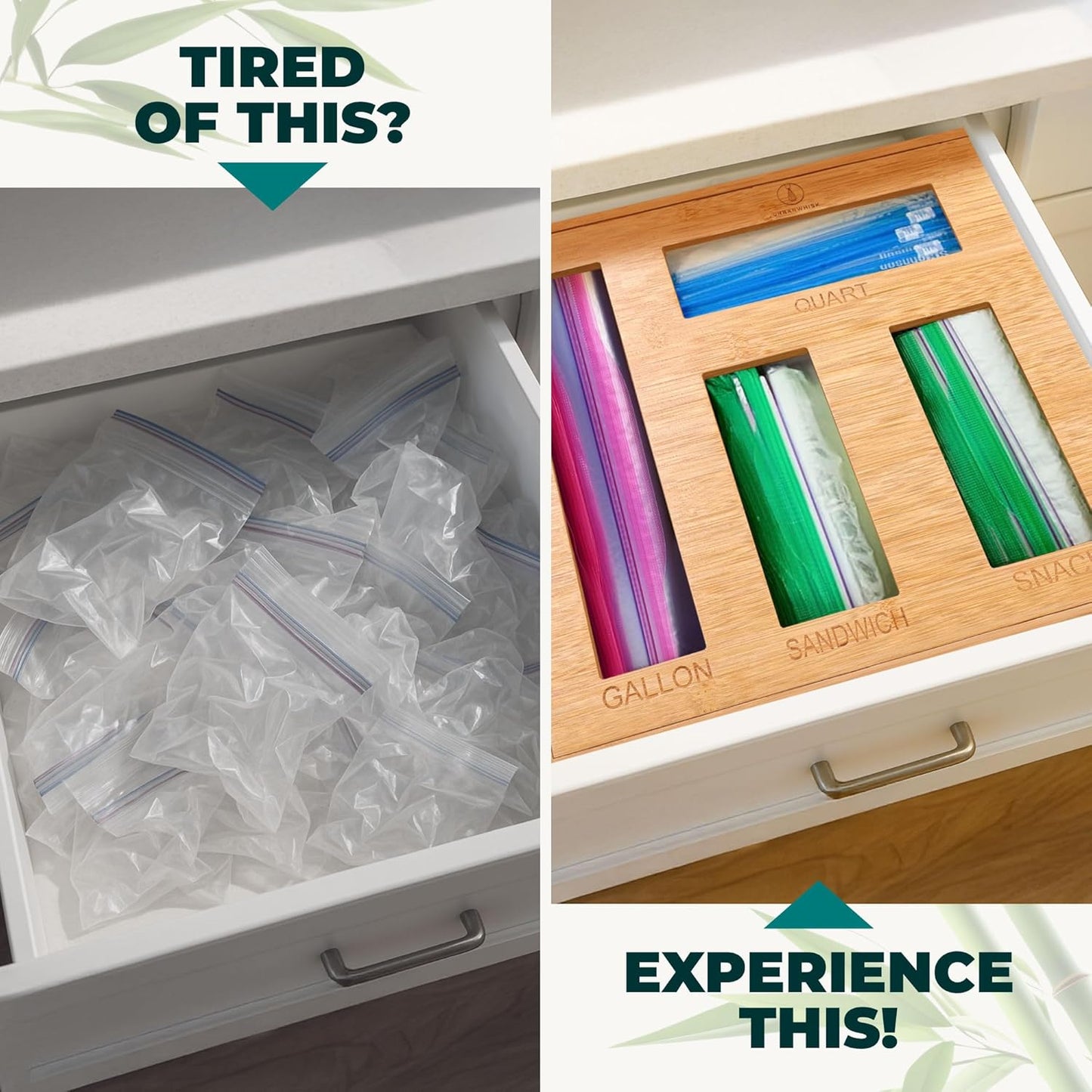 Bamboo Storage Bag Organizer for Kitchen Drawer – Foil & Plastic Bag Organizer for Drawer – Ideal for Foil and Plastic Wrap | Gallon, Quart, Sandwich, Snack Bags, Baggie Holder