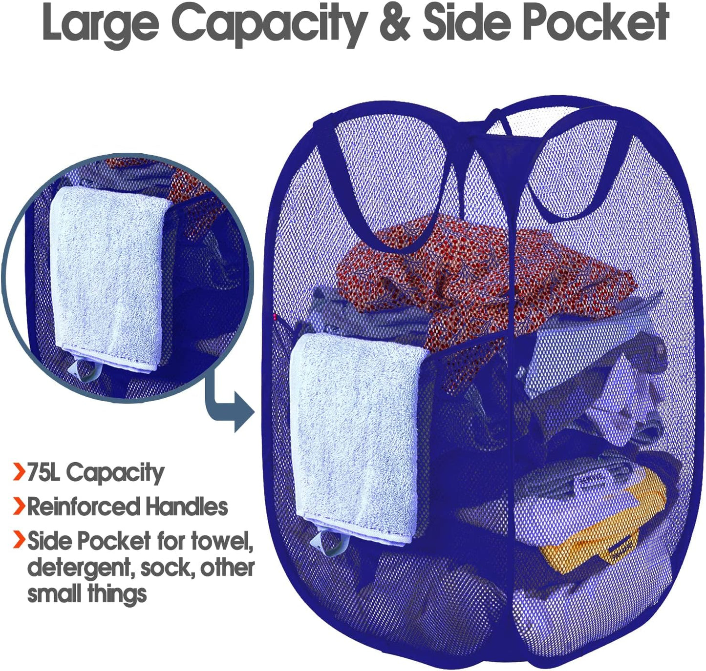 BATTOO Deluxe Strong Mesh Pop up Laundry Hamper Basket with Side Pocket Foldable Hamper for Laundry Room, Bathroom, Kids Room, College Dorm or Travel Royal Blue