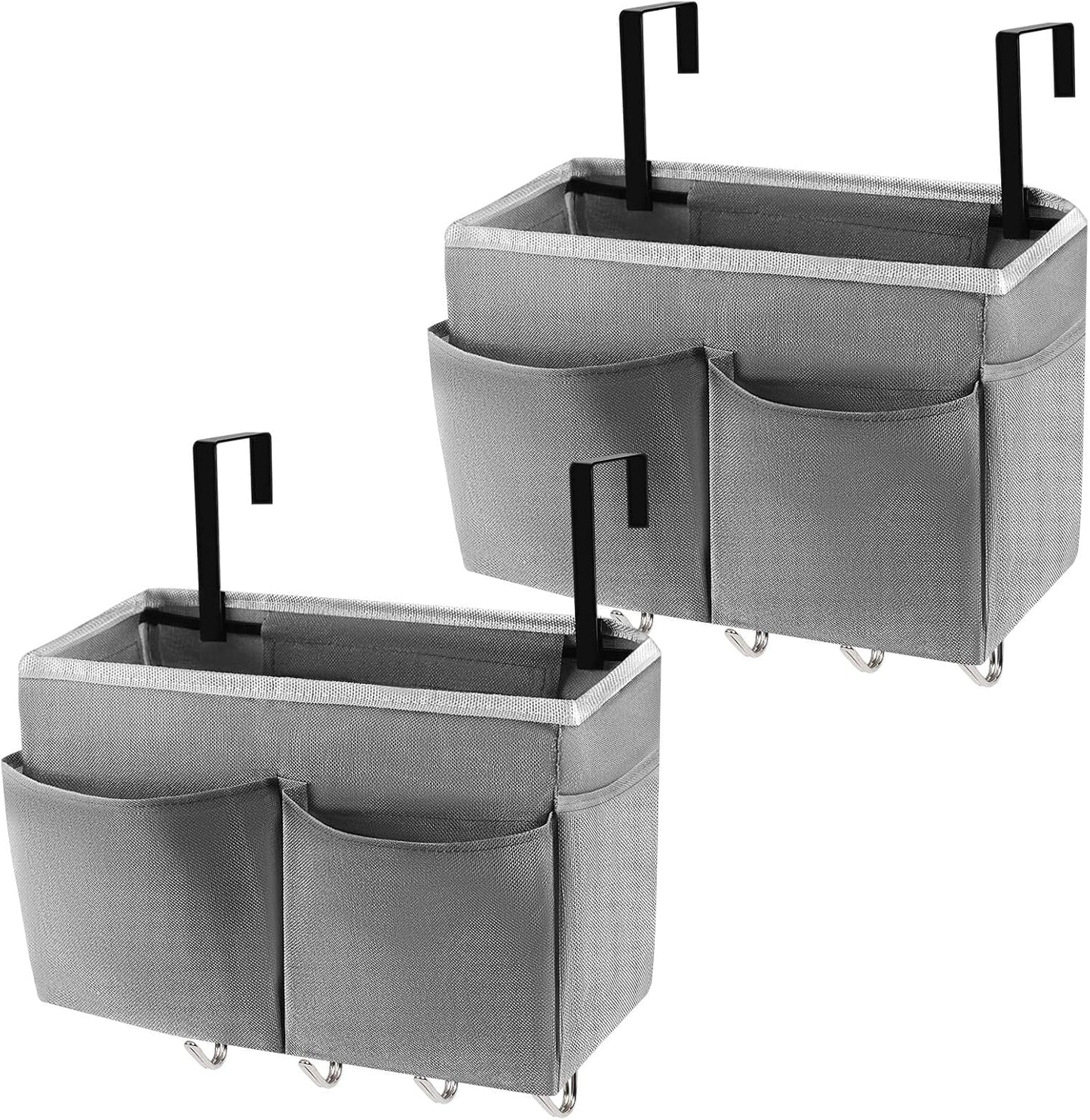 Bedside Storage Organizer 5 Pockets with 4 Hooks Hanging Storage Bag for Headboards/Bunk Bed (2Pack Grey)