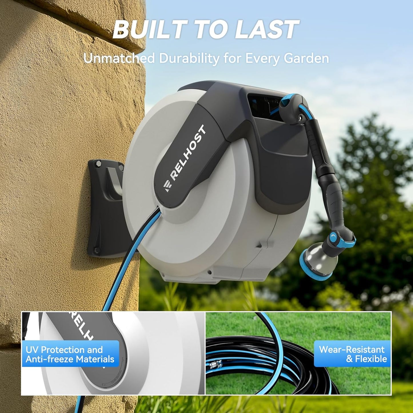 Retractable Garden Hose Reel 100 ft x 1/2 in, Heavy Duty Hose Reel Wall Mount with Any Length Lock, Auto Rewind System, 180° Swivel Bracket, 10-Pattern Garden Hose Nozzle, White & Grey