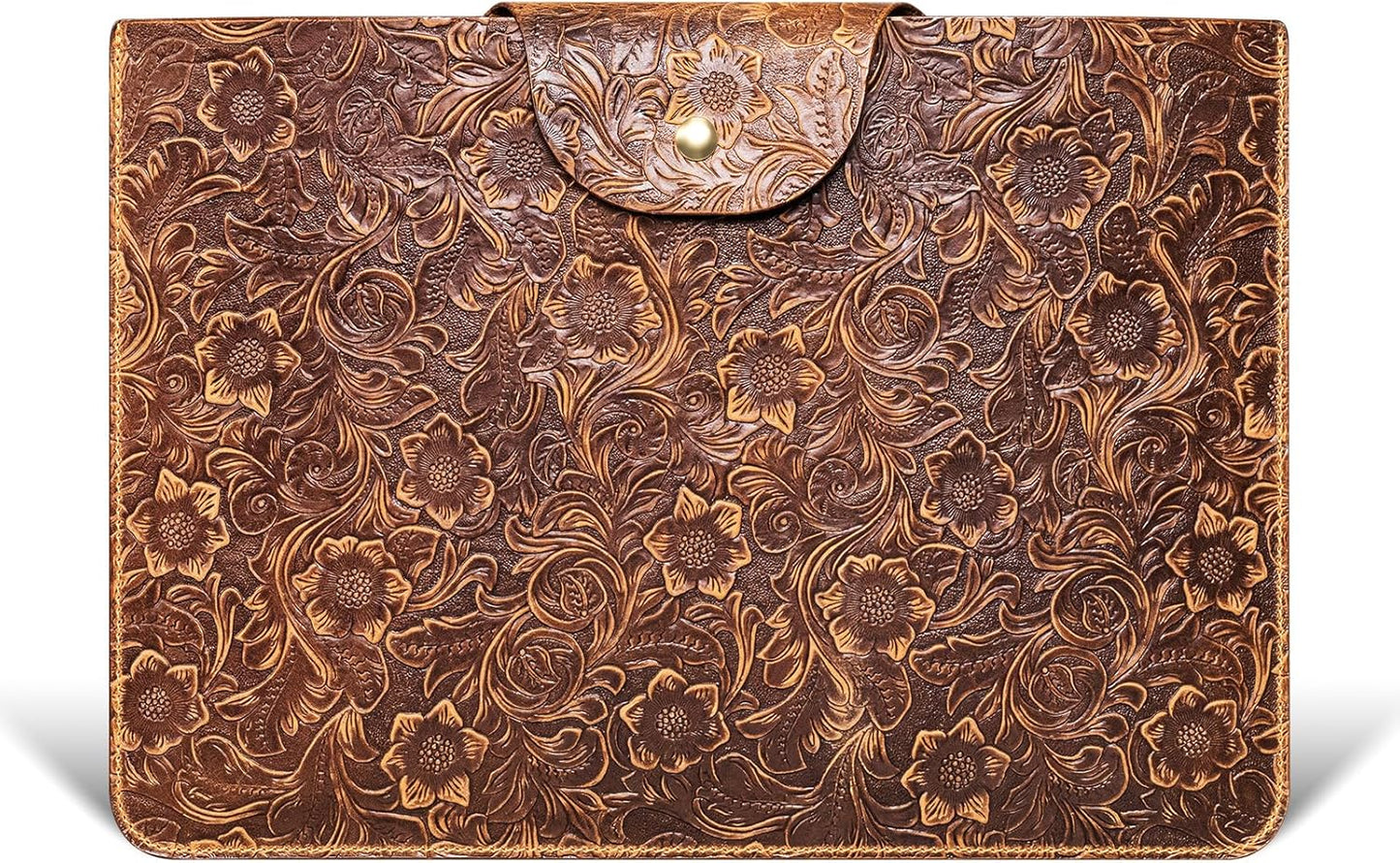Genuine Leather Laptop Sleeve,Compatible with MacBook Pro 16 Inch M4 M3 M2 M1 Pro/Max＆MacBook Air 15 Inch M4 M3 M2 Cover,Vintage Protective Computer Case with Floral Pattern,Brown