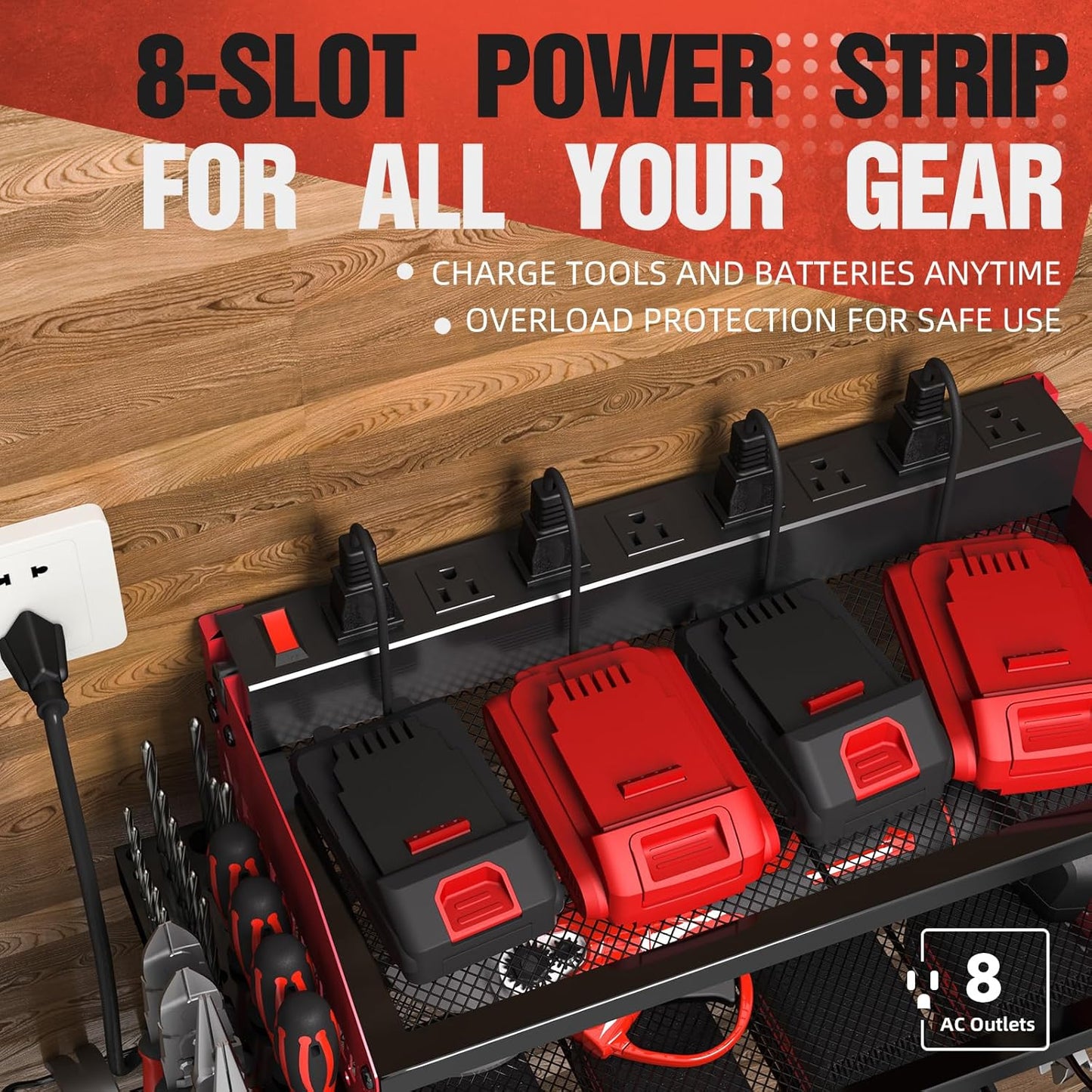 Veitorld Power Tool Organizer with Charging Station - 4 Drill Holders - Heavy Duty Modular Wall Mount Rack for Garage, Tool Storage Organizer - Christmas Birthday Gifts for Men Dad Him Husband