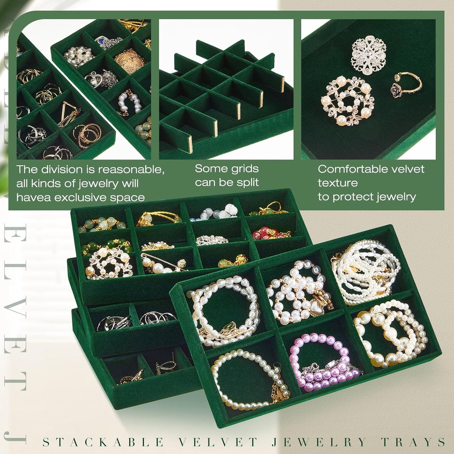 Junkin 12 Pcs Jewelry Tray Velvet Stackable Jewelry Organizer Trays Divided Earring Accessories Storage Containers Box (Rose Red)