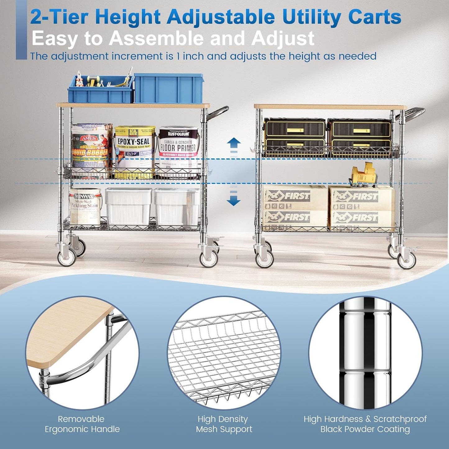 Leteuke Rolling Kitchen Carts with Wheels, 34" L x 17.5" W, 3-Tier Heavy Duty Utility Cart with Wood Tabletop, NSF Commercial Metal Serving Cart with Handle and Shelf Liner for Kitchen, Chrome