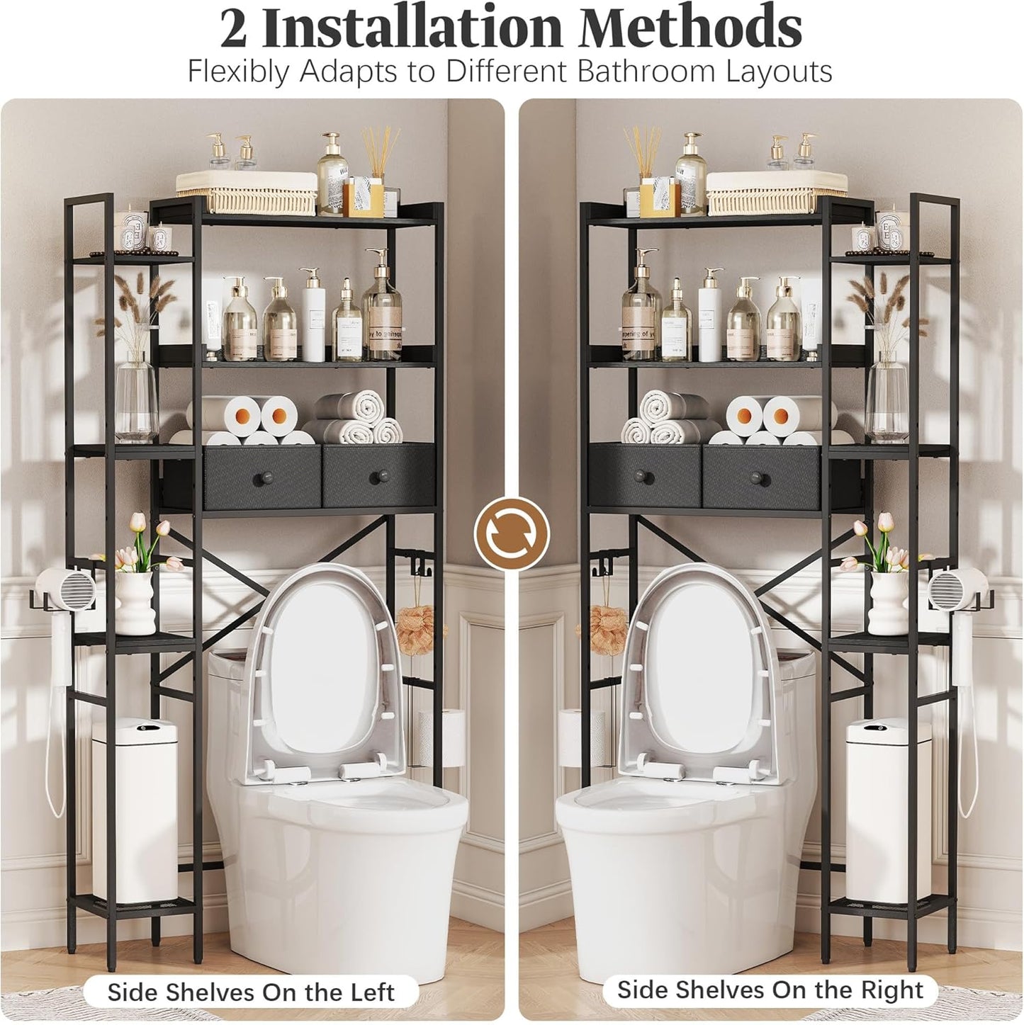 Over The Toilet Storage Shelf with Drawer, 3-Tier Above Toilet Bathroom Organizer with 4 Adjustable Side Shelves, Space Saver Freestanding Rack with Holder & Hook for Laundry Kitchen (Black)