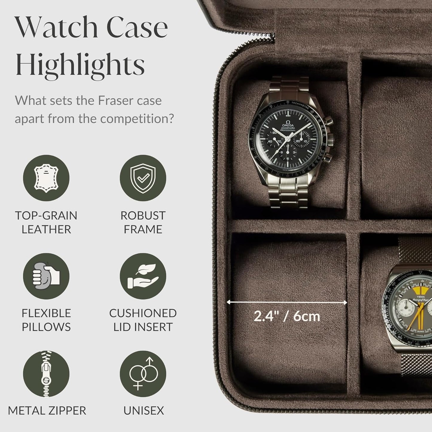 TAWBURY Watch Case - 6 Slot Genuine Top-Grain Leather Watch Box for Men & Women with Extra Wide Pillows for Large Watches - Portable Wristwatch Storage for Home & Travel (Brown)