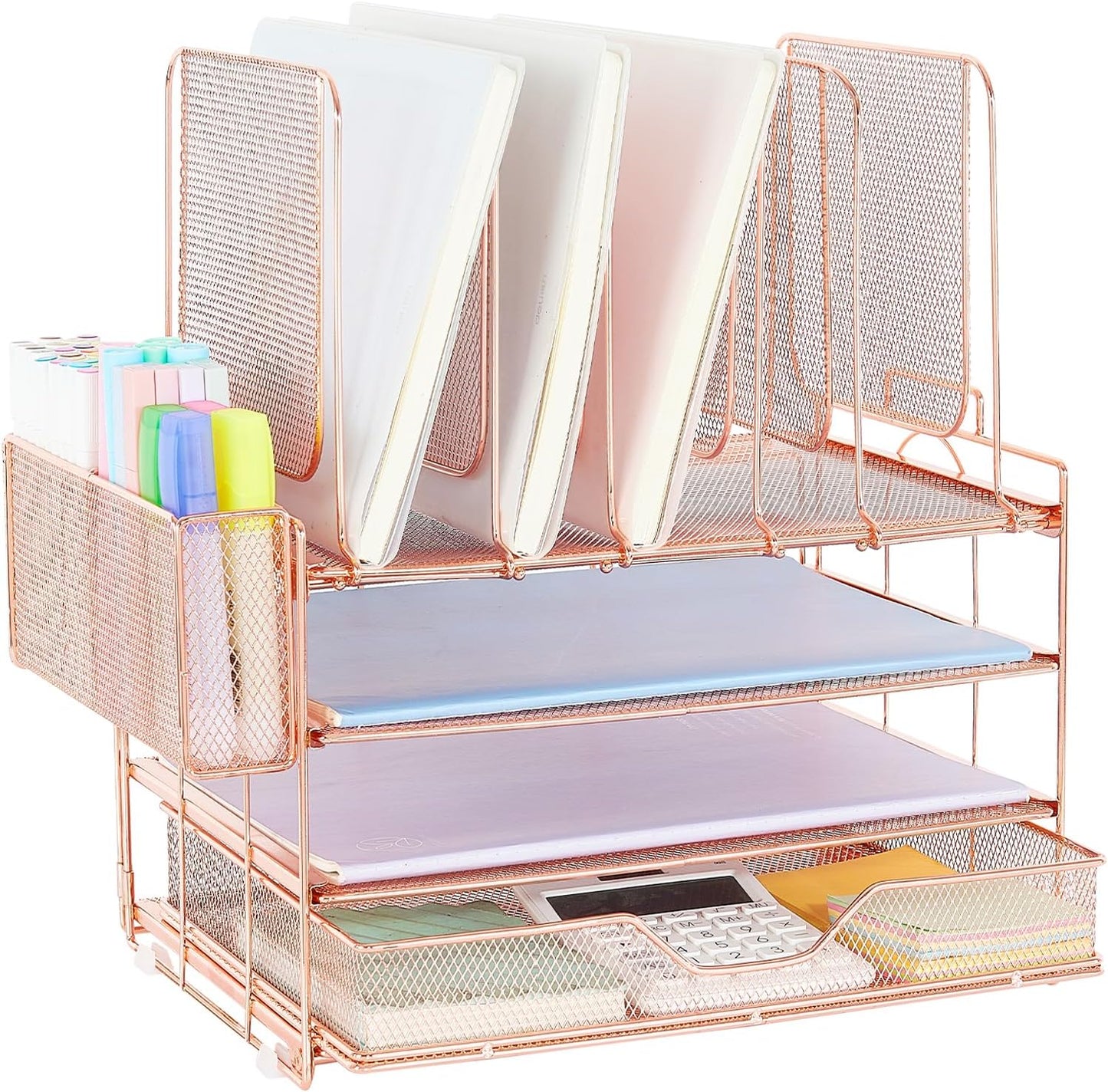 Desk Organizers and Accessories, 3-Tier Paper Organizer with 5 Vertical File Holders, File Organizer for Desk (Rose Gold With Drawer, 3T With Drawer)