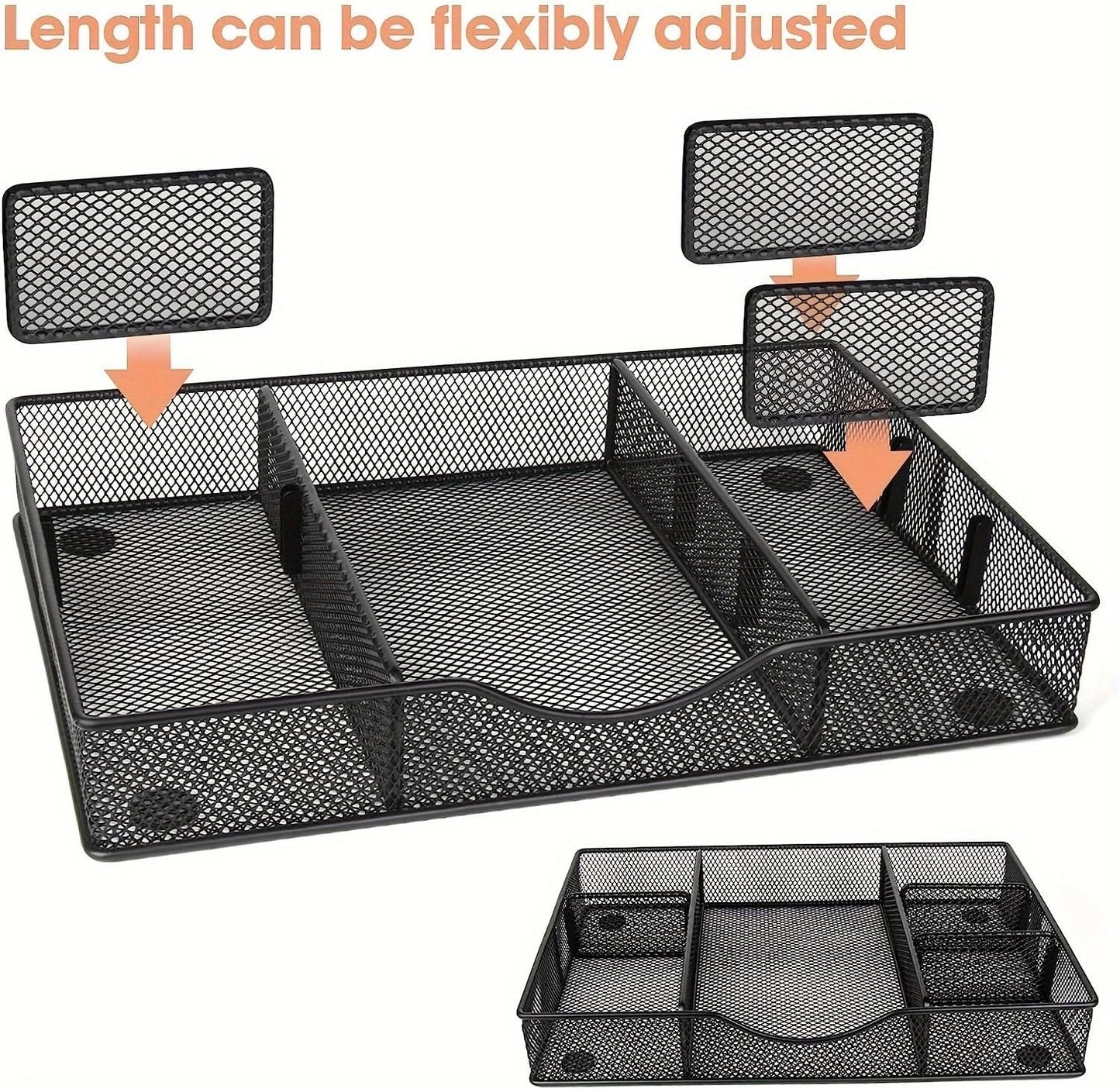 Desk Drawer Organizer Tray, Metal Mesh Drawer Organizers Office, 6 Adjustable Compartment, Desk Organizer Tray for Home Office 12.87L x 8.73D x 1.96H inch, Black, 1PC Medium