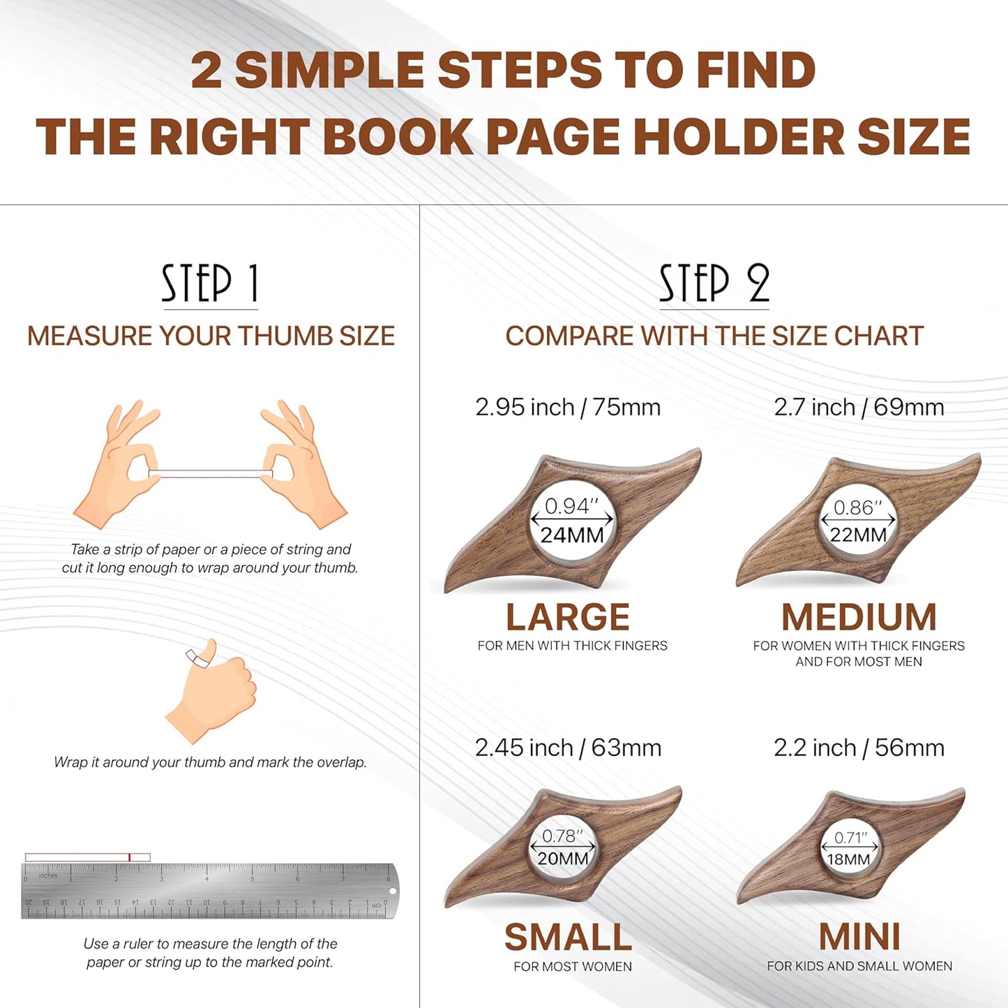 Walnut Book Page Holder, Smooth Finish Wood Book Holder for Reading, Ideal Book Reader Gifts & Reading Accessories,Book Worm Gifts for Women, Thumb Book Page Holder (Medium)