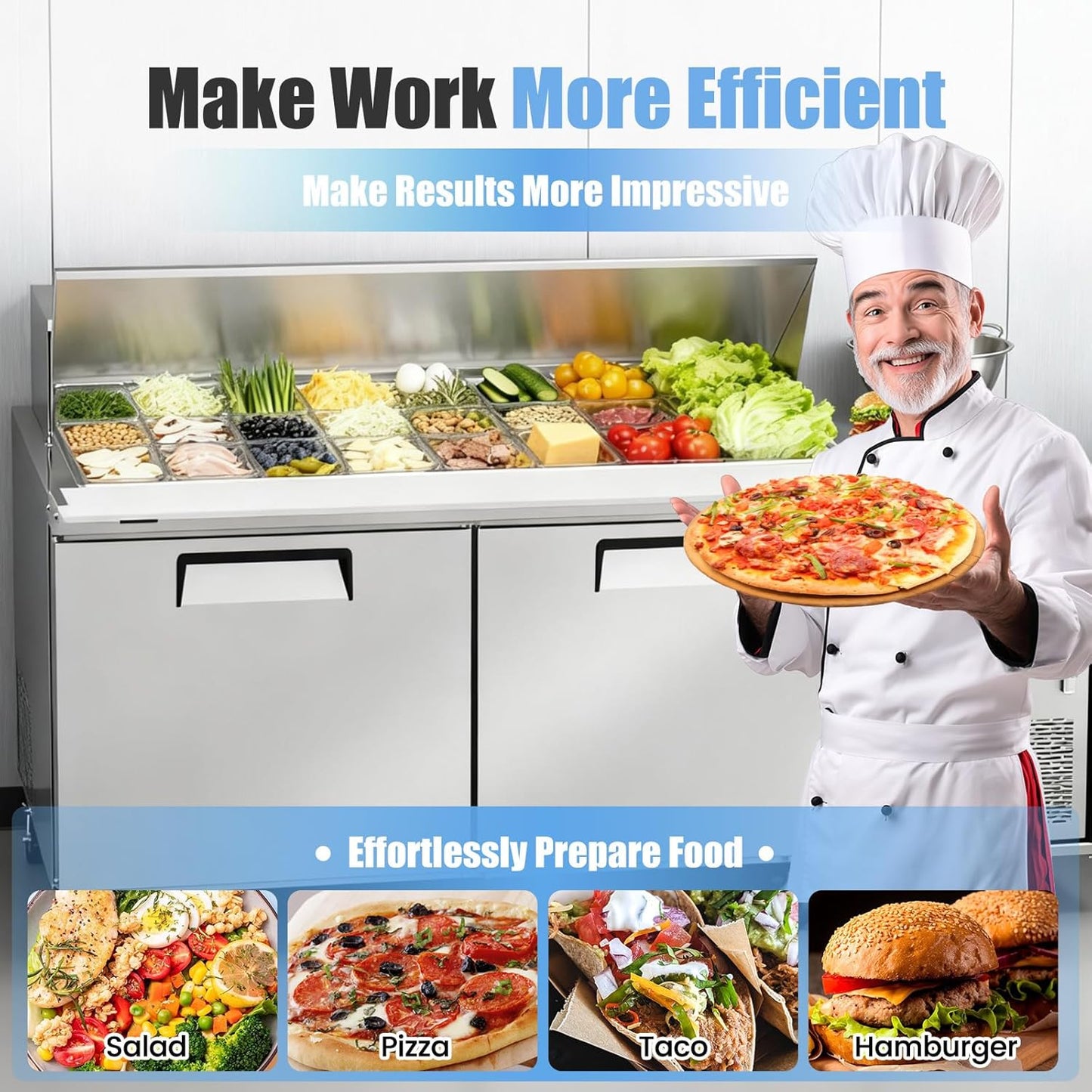 60" W Commercial Refrigerator Sandwich Salad Prep Table, Stainless Steel 2-Door Sandwich Prep Table Refrigerator, Counter Fan Cooling Refrigerator with 24 Pans for Restaurant, Bar