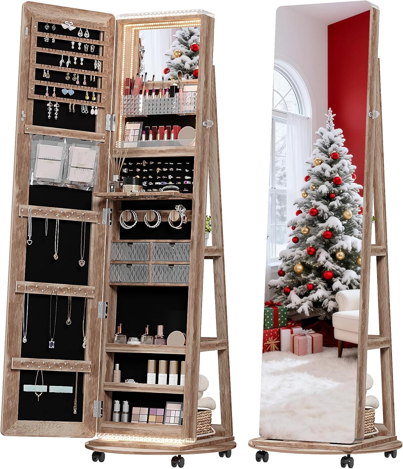 Full Length Mirror with Storage, Standing Mirror Jewelry Cabinet with 3 Color LED Lights, 360° Swivel Jewelry Armoire with Mirror & Storage Shelves, Brown